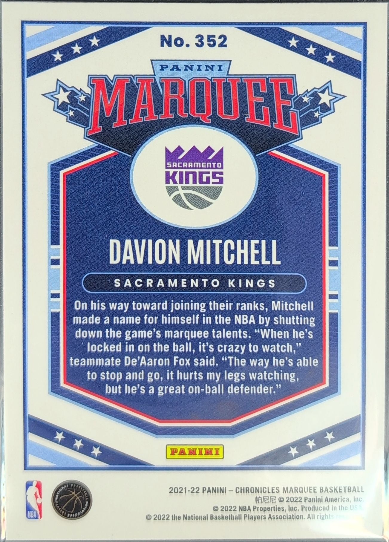 2021-22 Panini Chronicles Davion Mitchell #352 Pink Sacramento Kings back