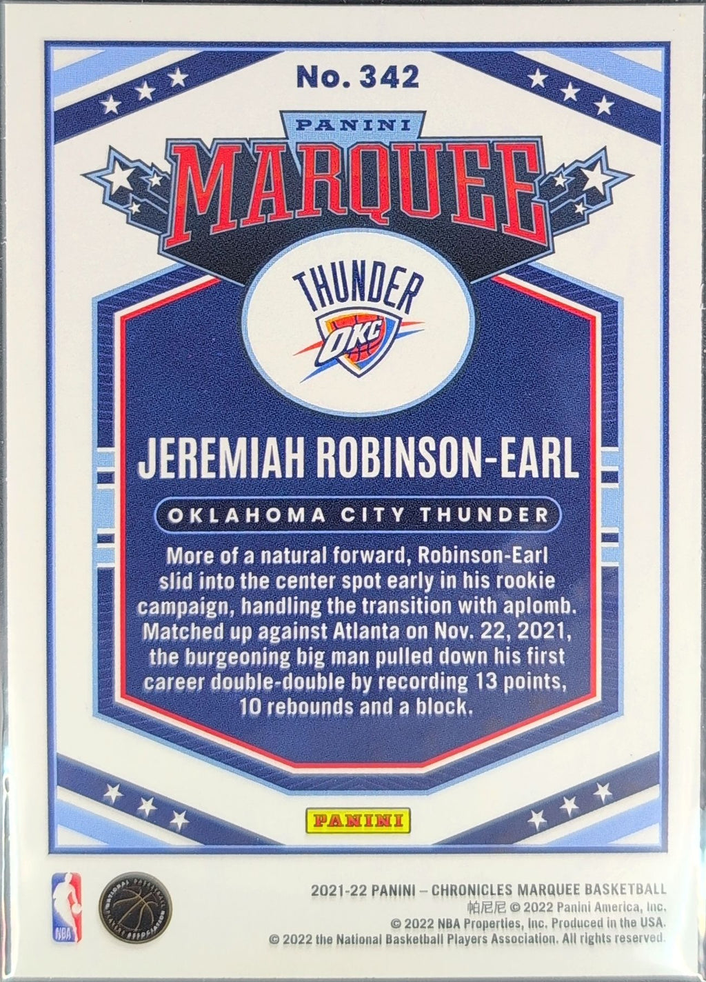 2021-22 Panini Chronicles Jeremiah Robinson-Earl #342 Oklahoma City Thunder back