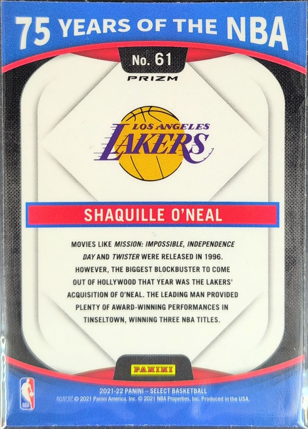 Shaquille O'Neal 2021-22 Panini Select #61 75 Years of the NBA Los Angeles Lakers - back image