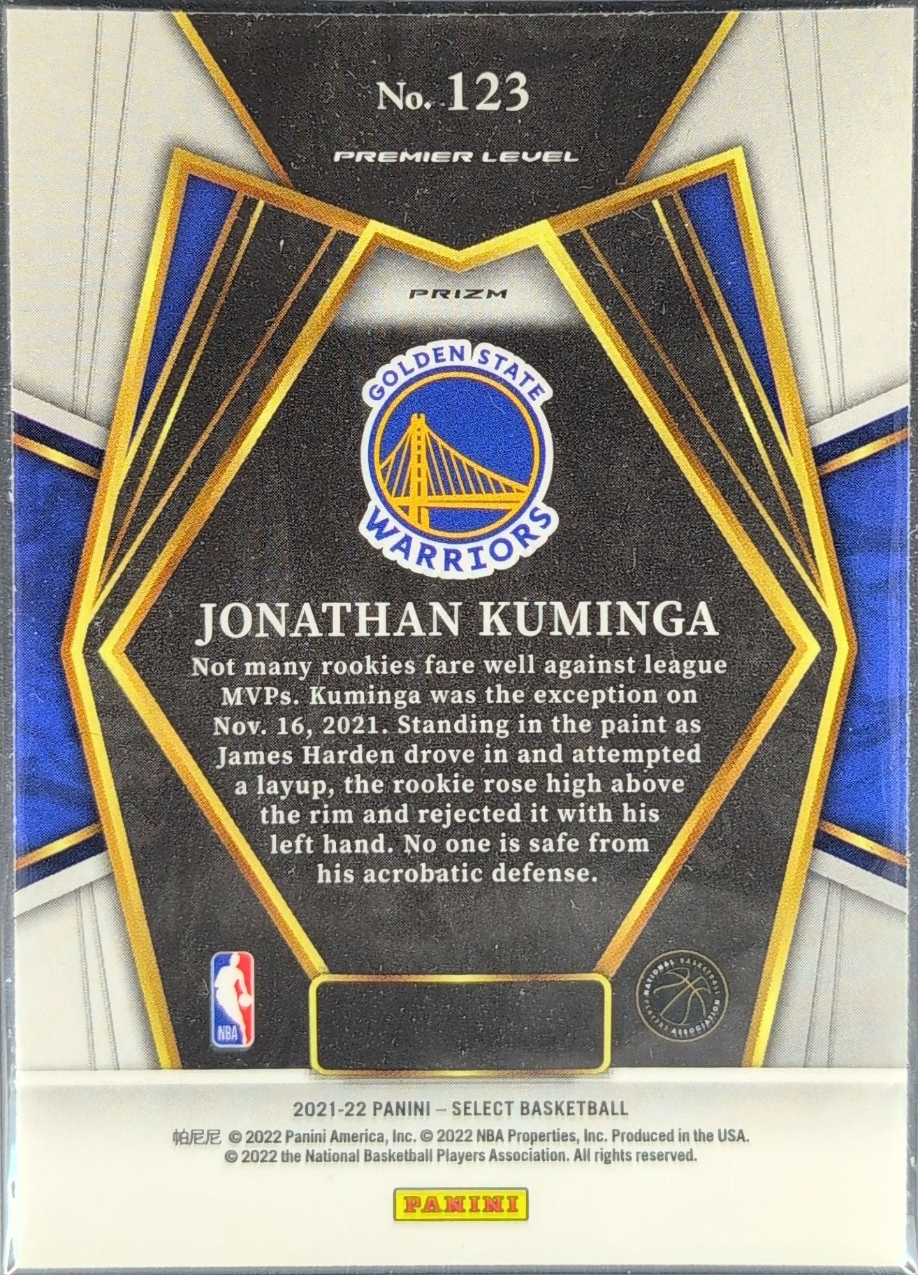 2021-22 Panini Select Jonathan Kuminga #123 Blue Shimmer Prizms RC Golden State Warriors back