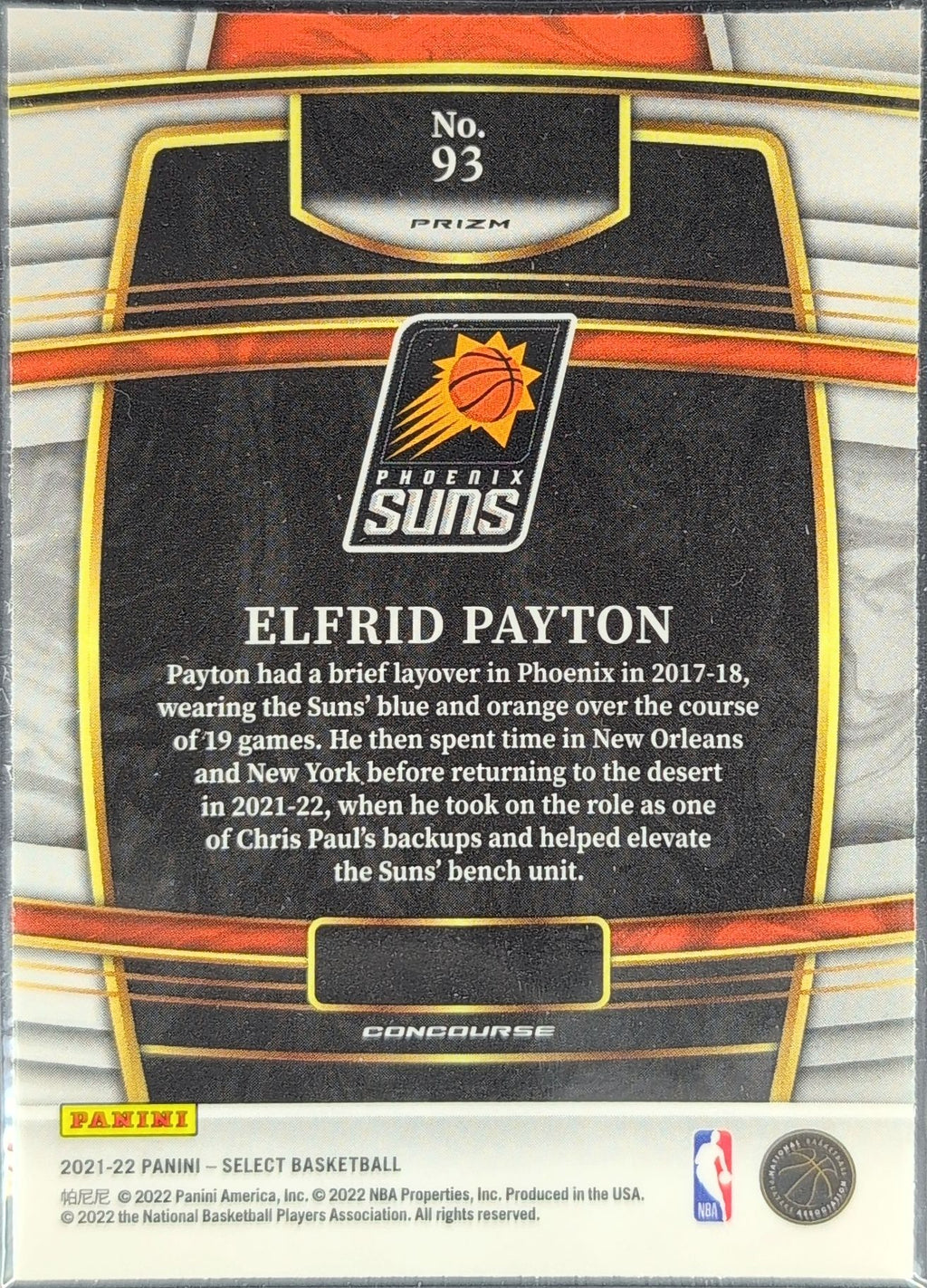 2021-22 Panini Select Elfrid Payton #93 Blue Shimmer Prizms Phoenix Suns back