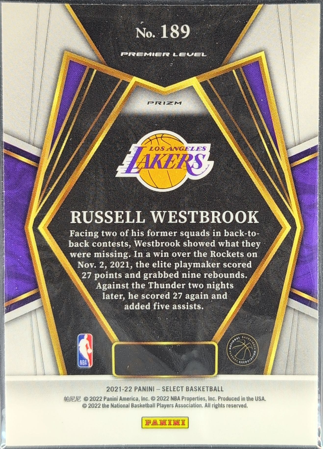 2021-22 Panini Select Russell Westbrook #189 Silver Prizms Los Angeles Lakers back