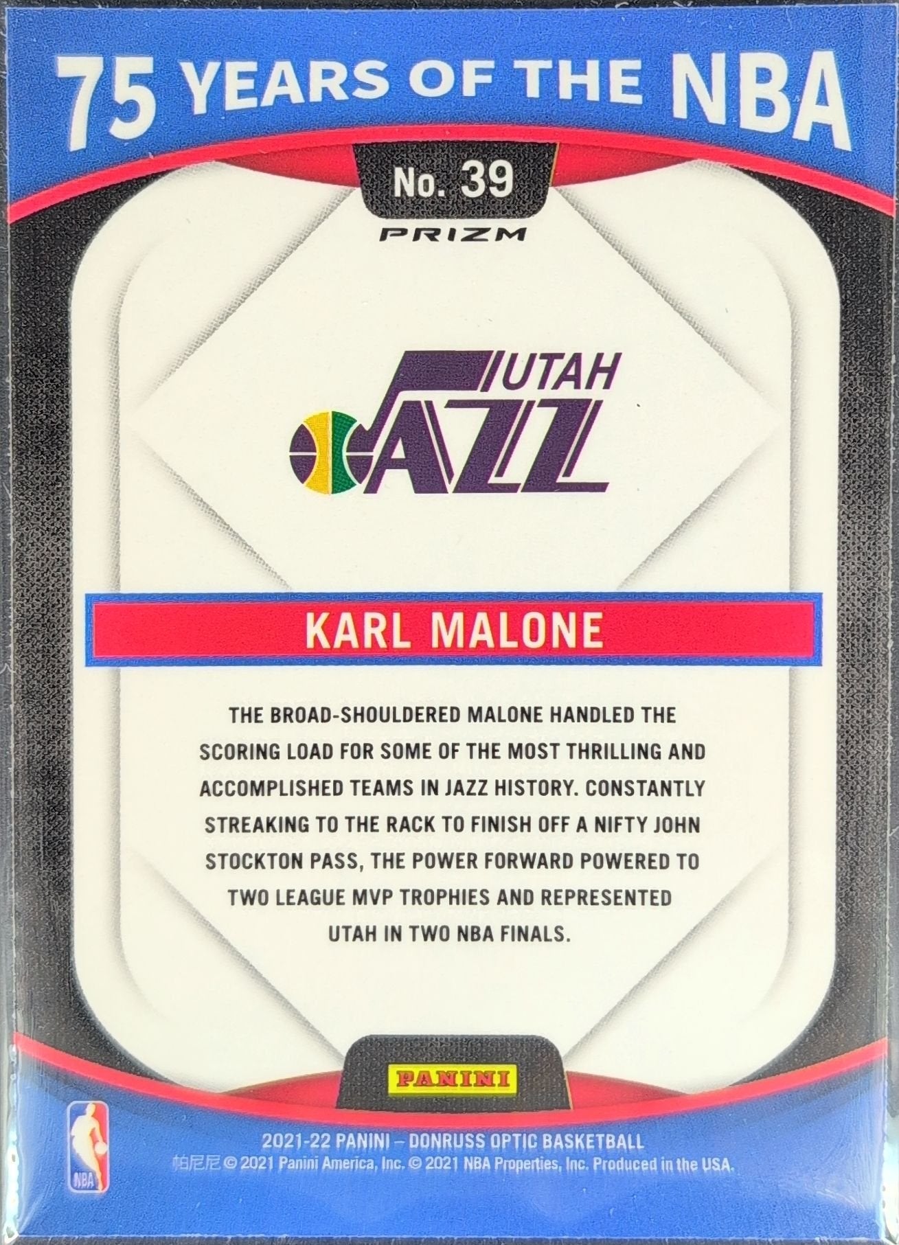 Karl Malone 2021-22 Panini Prizm #39 75 Years of the NBA (Donruss Optic) Utah Jazz - back image