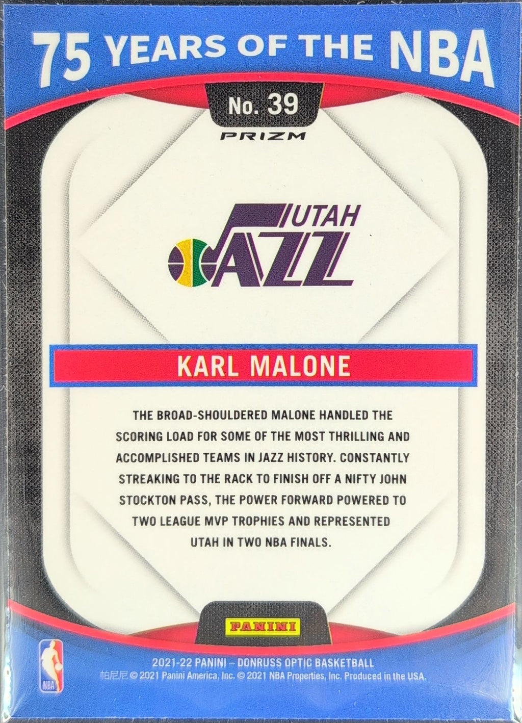 2021-22 Panini Prizm Karl Malone #39 75 Years of the NBA (Donruss Optic) Utah Jazz back