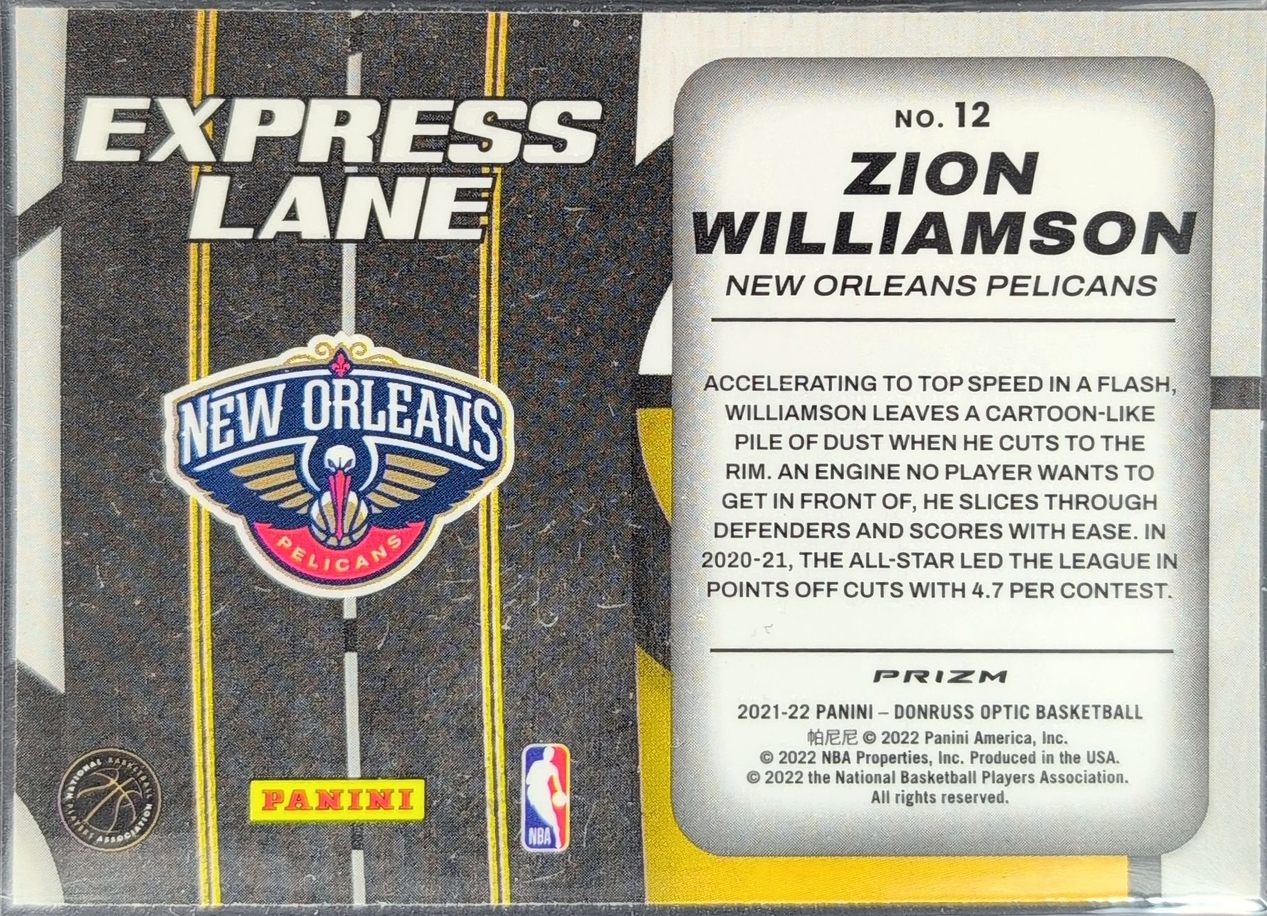 Zion Williamson 2021-22 Donruss Optic #12 Express Lane Holo New Orleans Pelicans - back image
