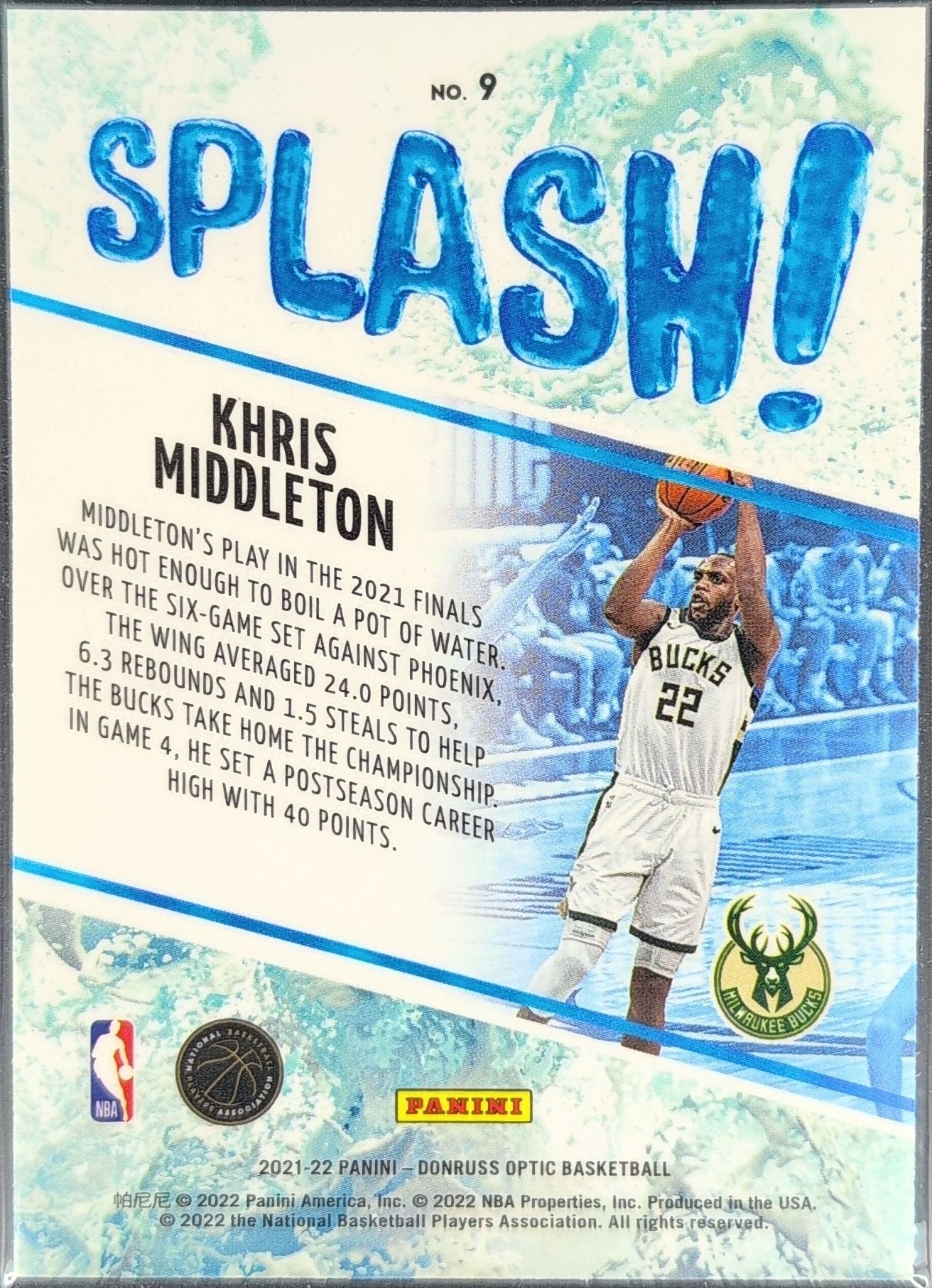 Khris Middleton 2021-22 Donruss Optic #9 Splash! Milwaukee Bucks - back image