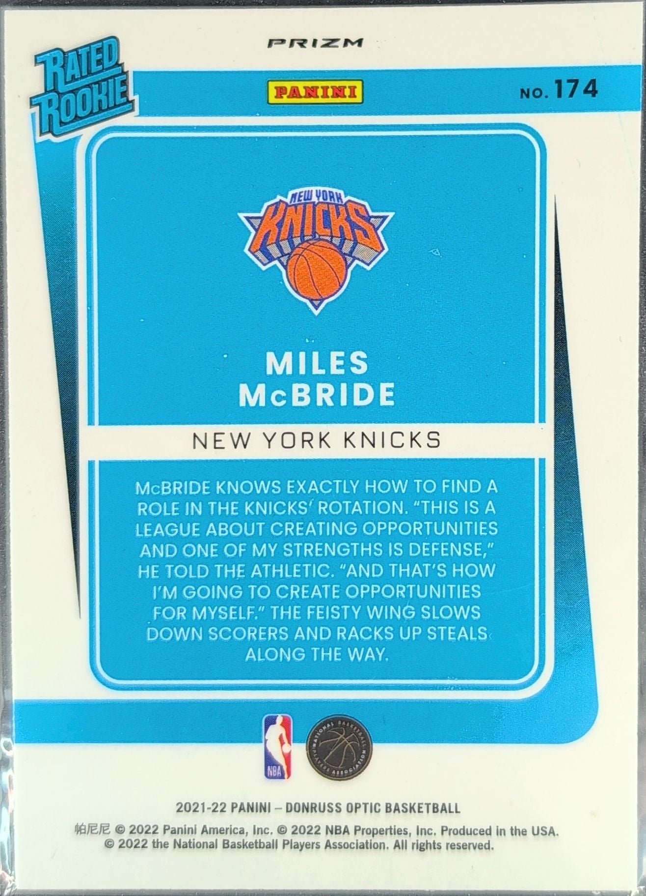 2021-22 Donruss Optic Miles McBride #174 Purple RC New York Knicks back