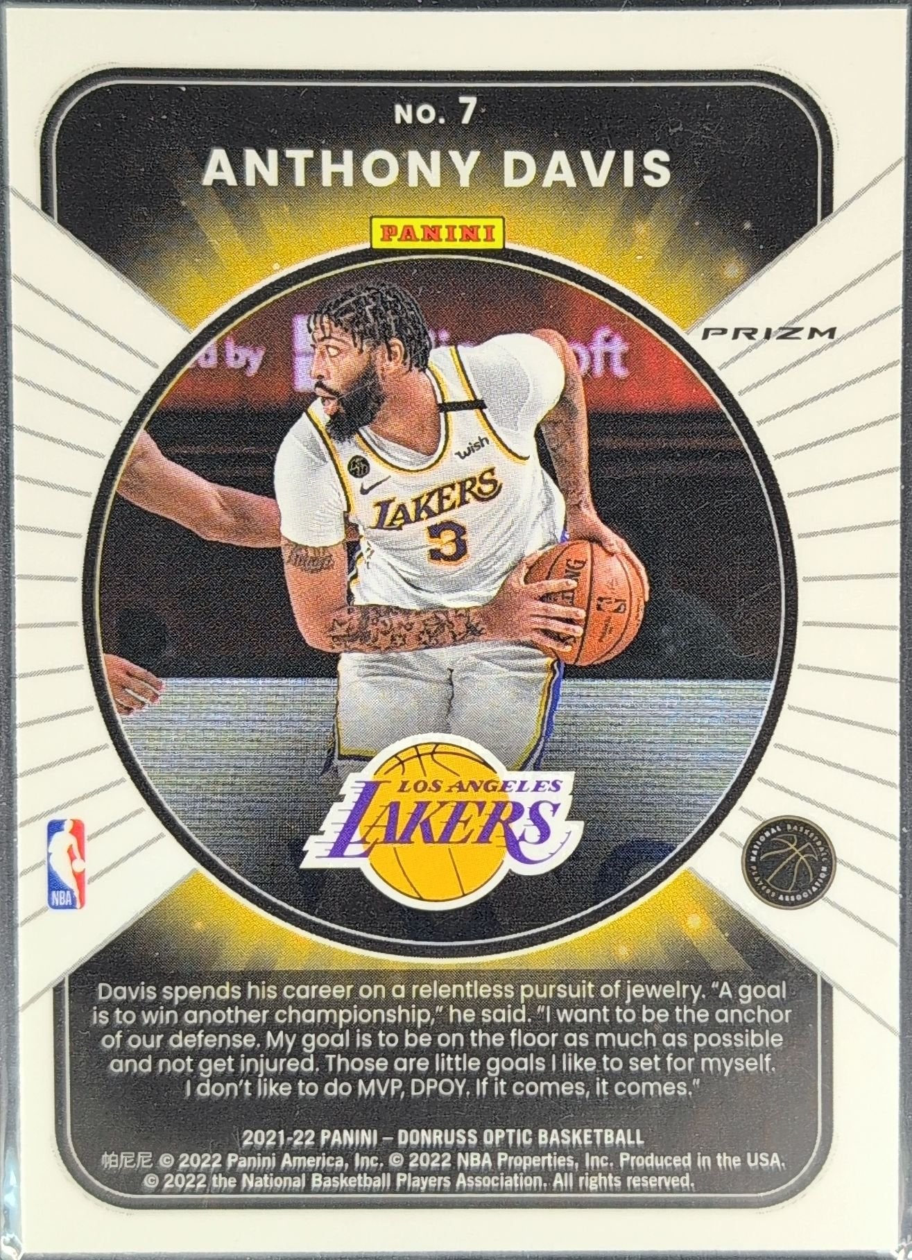 Anthony Davis 2021-22 Donruss Optic #7 Winner Stays Purple Los Angeles Lakers - back image