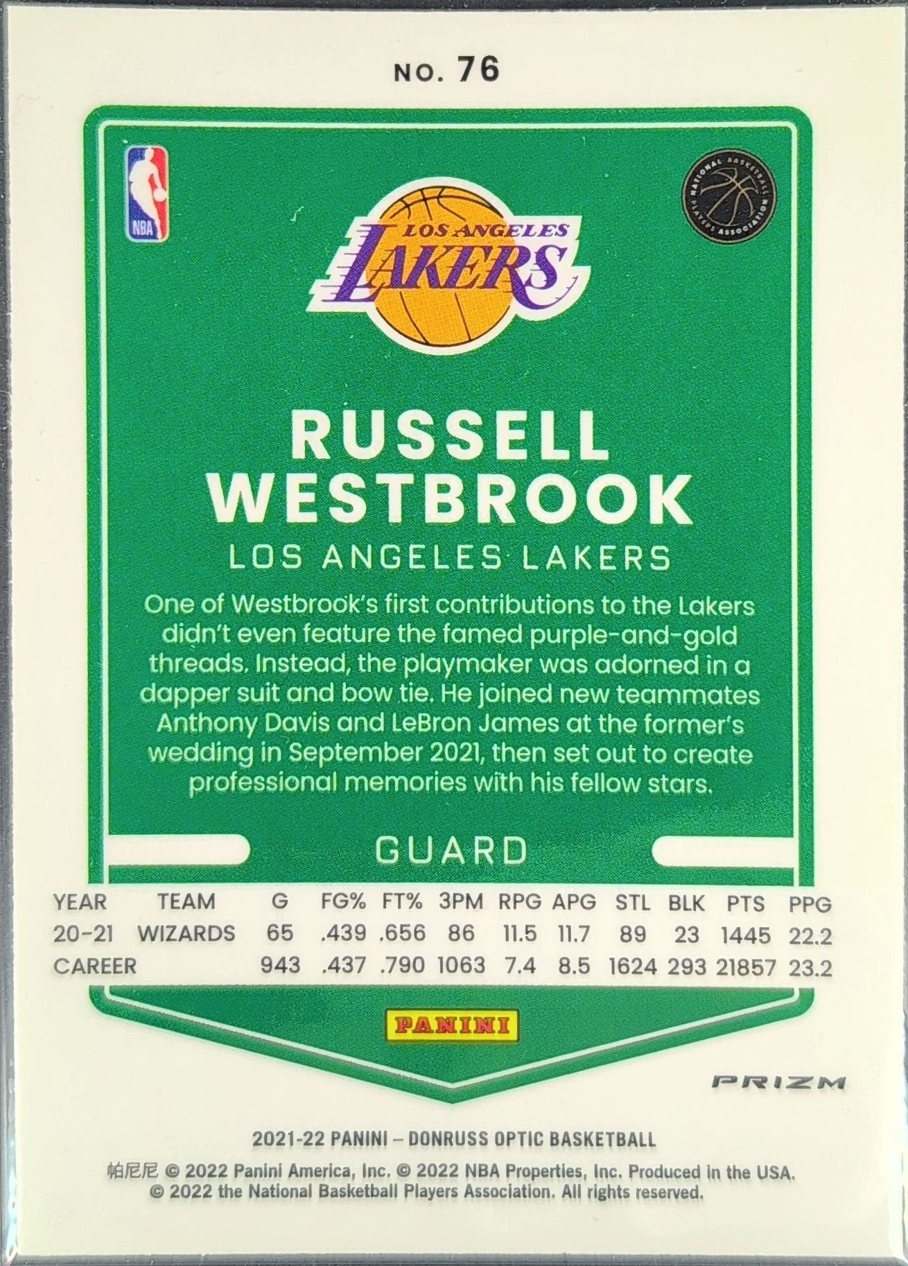 Russell Westbrook 2021-22 Donruss Optic #76 Premium Box Set Los Angeles Lakers - back image