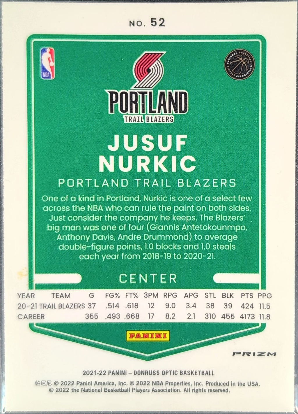 2021-22 Donruss Optic Jusuf Nurkic #52 Purple Portland Trail Blazers back