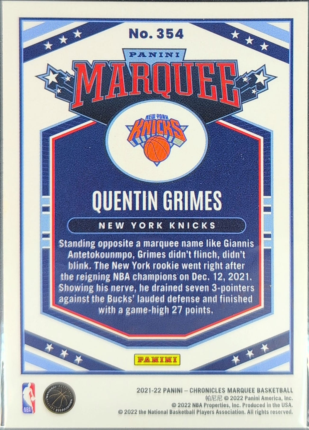 2021-22 Panini Chronicles Quentin Grimes #354 RC New York Knicks back