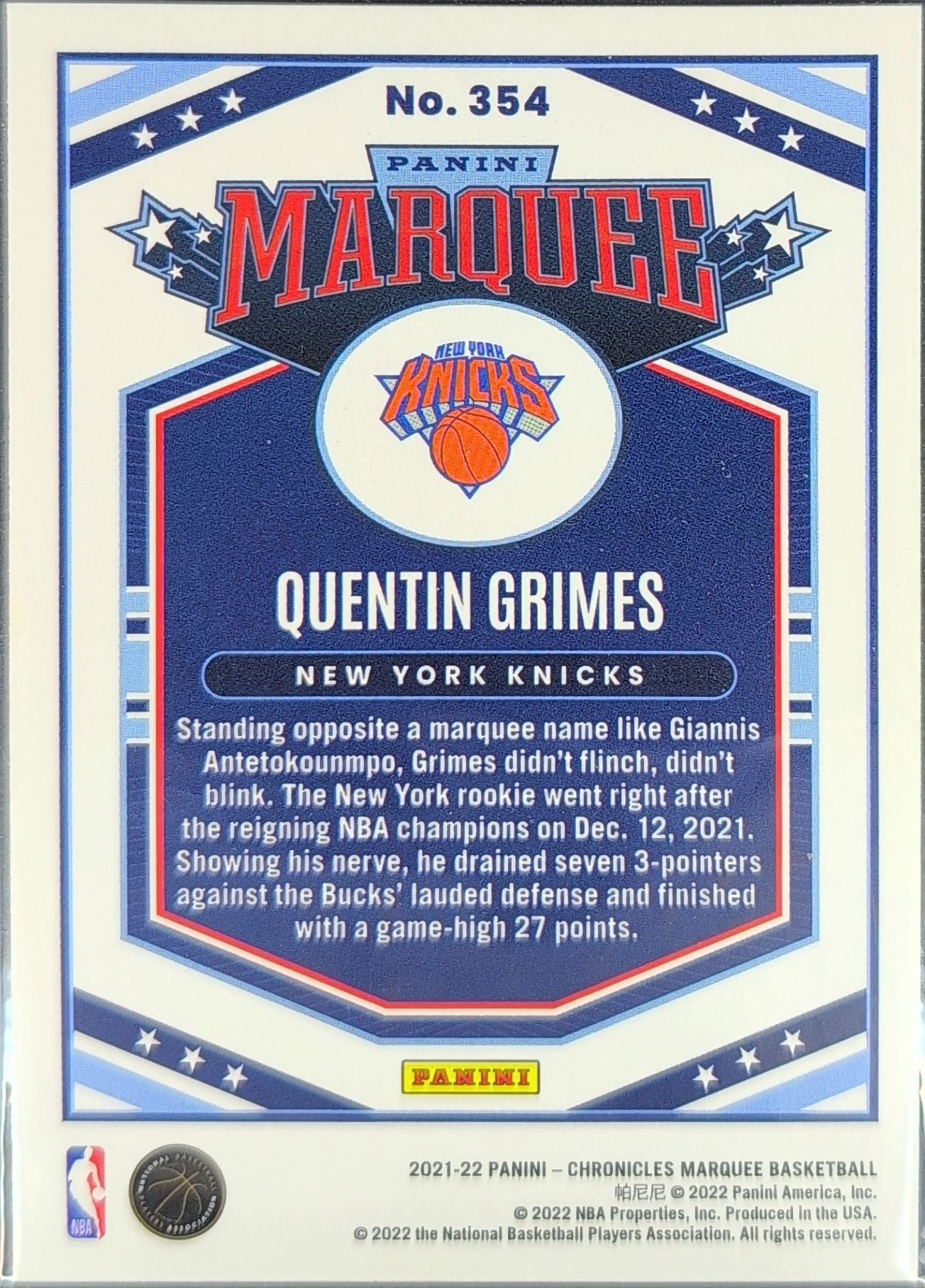 2021-22 Panini Chronicles Quentin Grimes #354 RC New York Knicks back