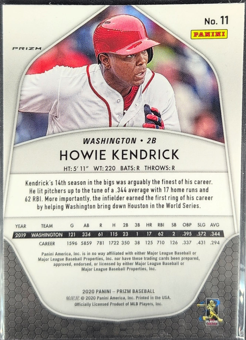 2020 Panini Prizm Howie Kendrick #11 Purple Prizm Washington Nationals back