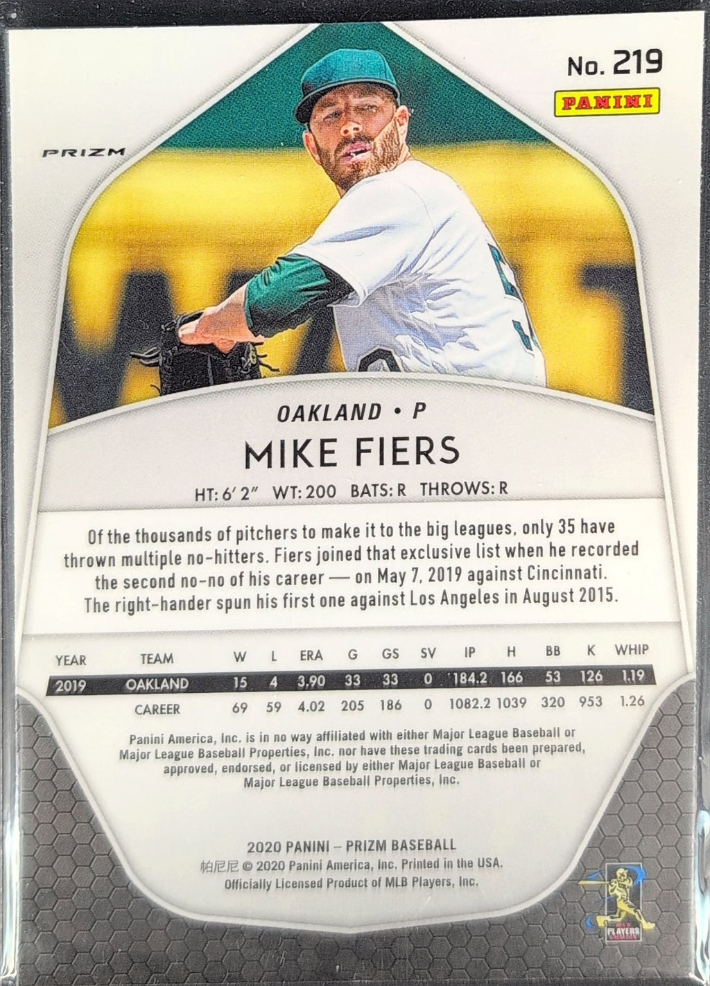 2020 Panini Prizm Mike Fiers #219 Red, White and Blue Prizm Oakland Athletics back