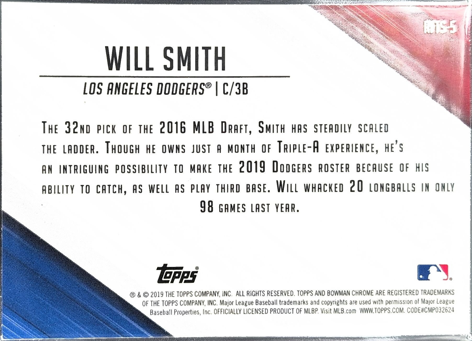 Will Smith 2019 Bowman #RFTS-5 Ready for the Show Los Angeles Dodgers - back image