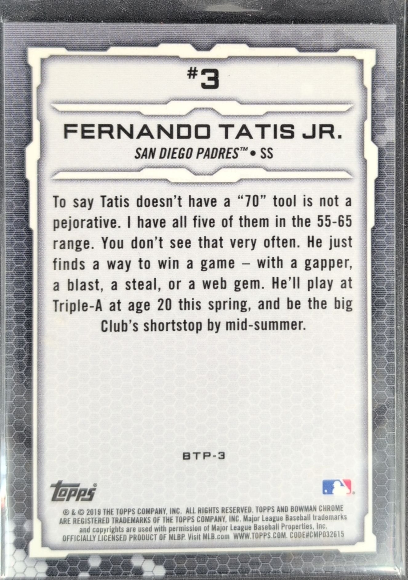 Fernando Tatis Jr. 2019 Bowman #BTP-3 Bowman Scouts' Top 100 refractor San Diego Padres - back image