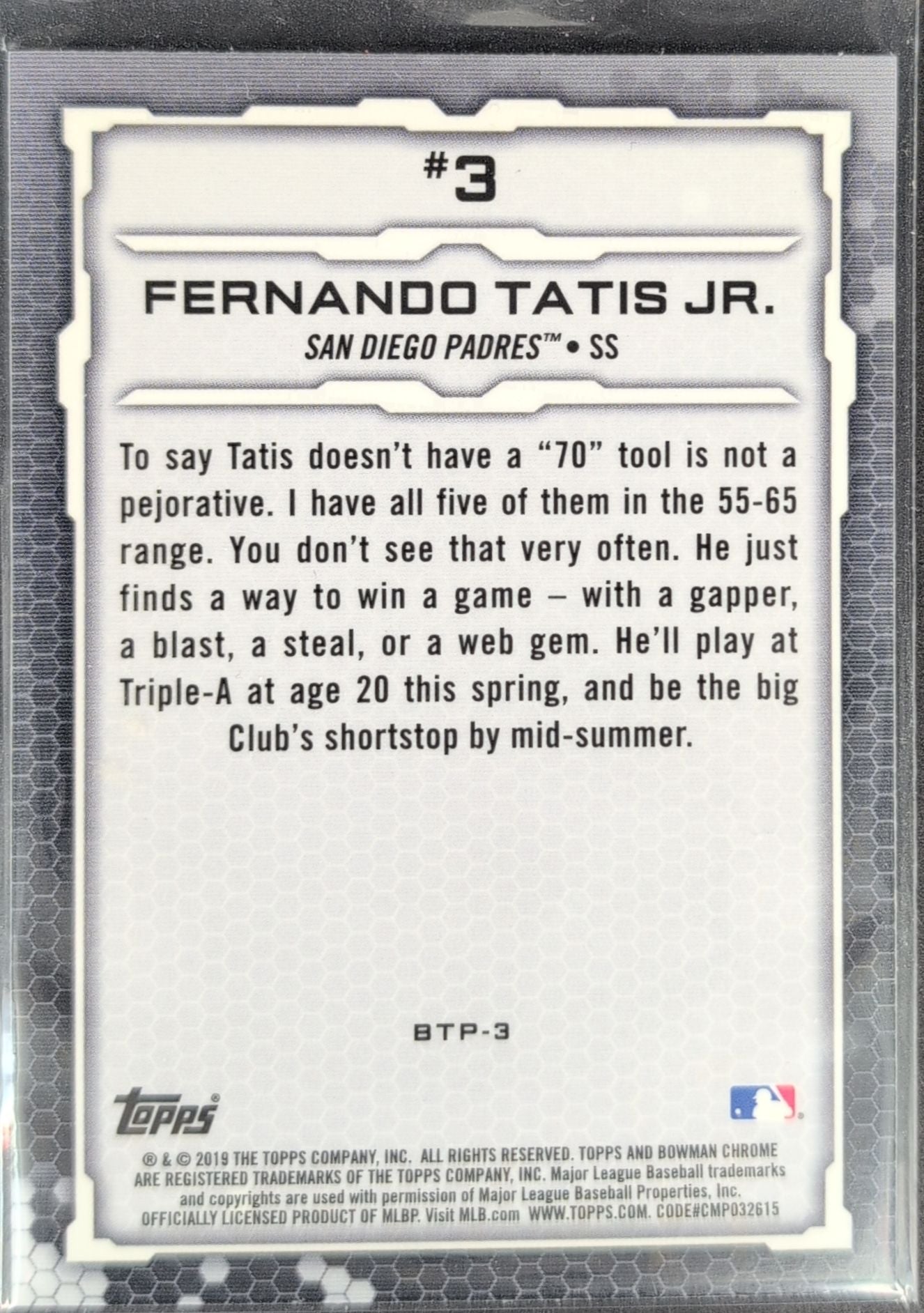 2019 Bowman Fernando Tatis Jr. #BTP-3 Bowman Scouts' Top 100 refractor San Diego Padres back