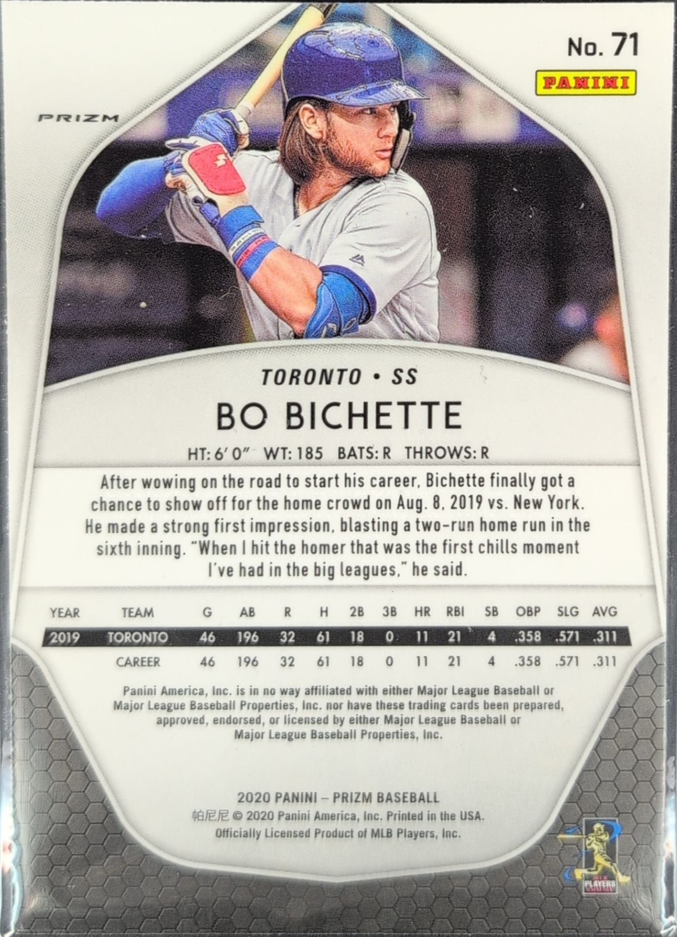 Bo Bichette 2020 Panini Prizm #71 Silver Prizm Rookie RC Toronto Blue Jays - back image