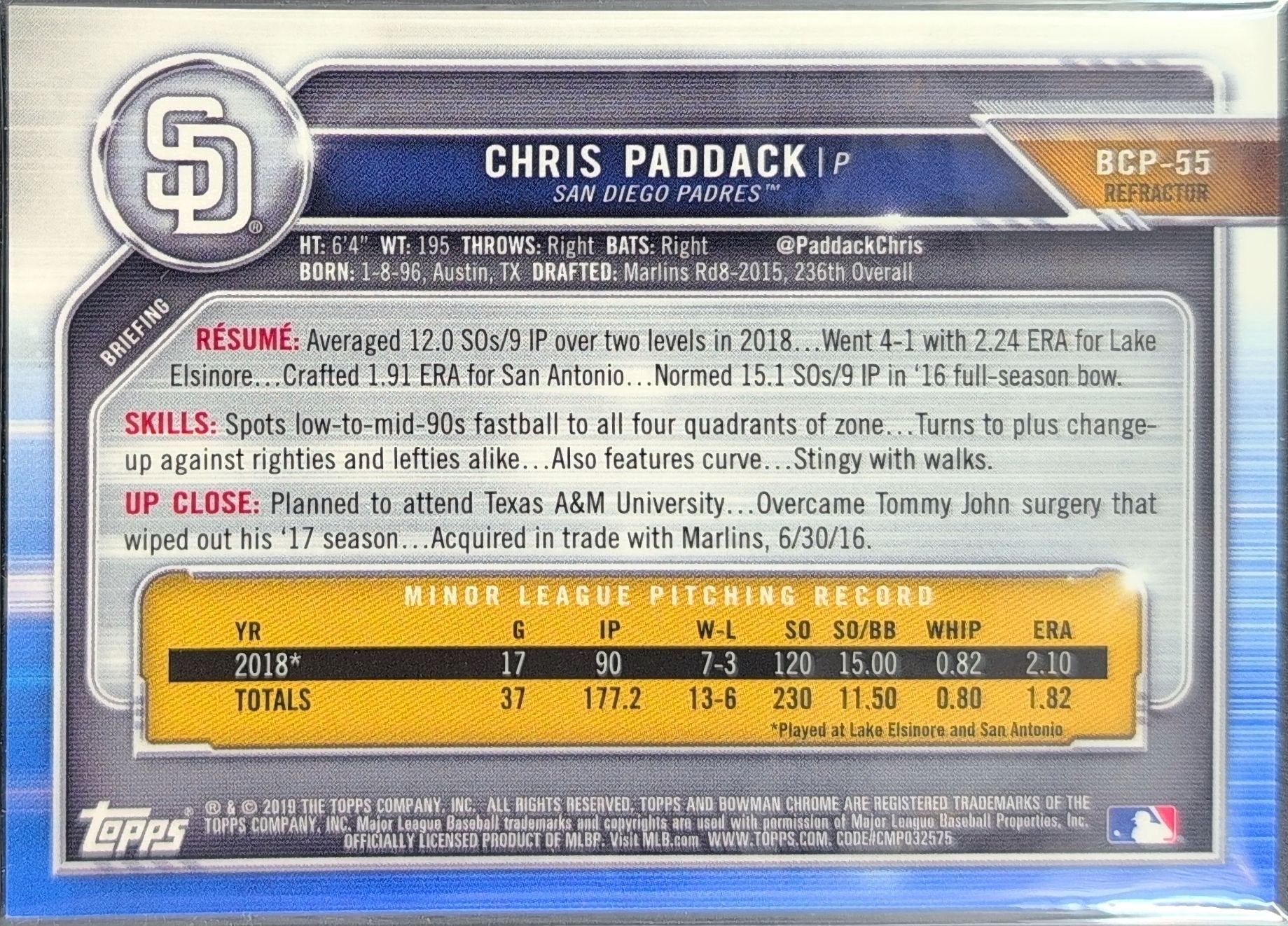 Chris Paddack 2019 Bowman #BCP-55 Chrome Prospects refractor San Diego Padres - back image