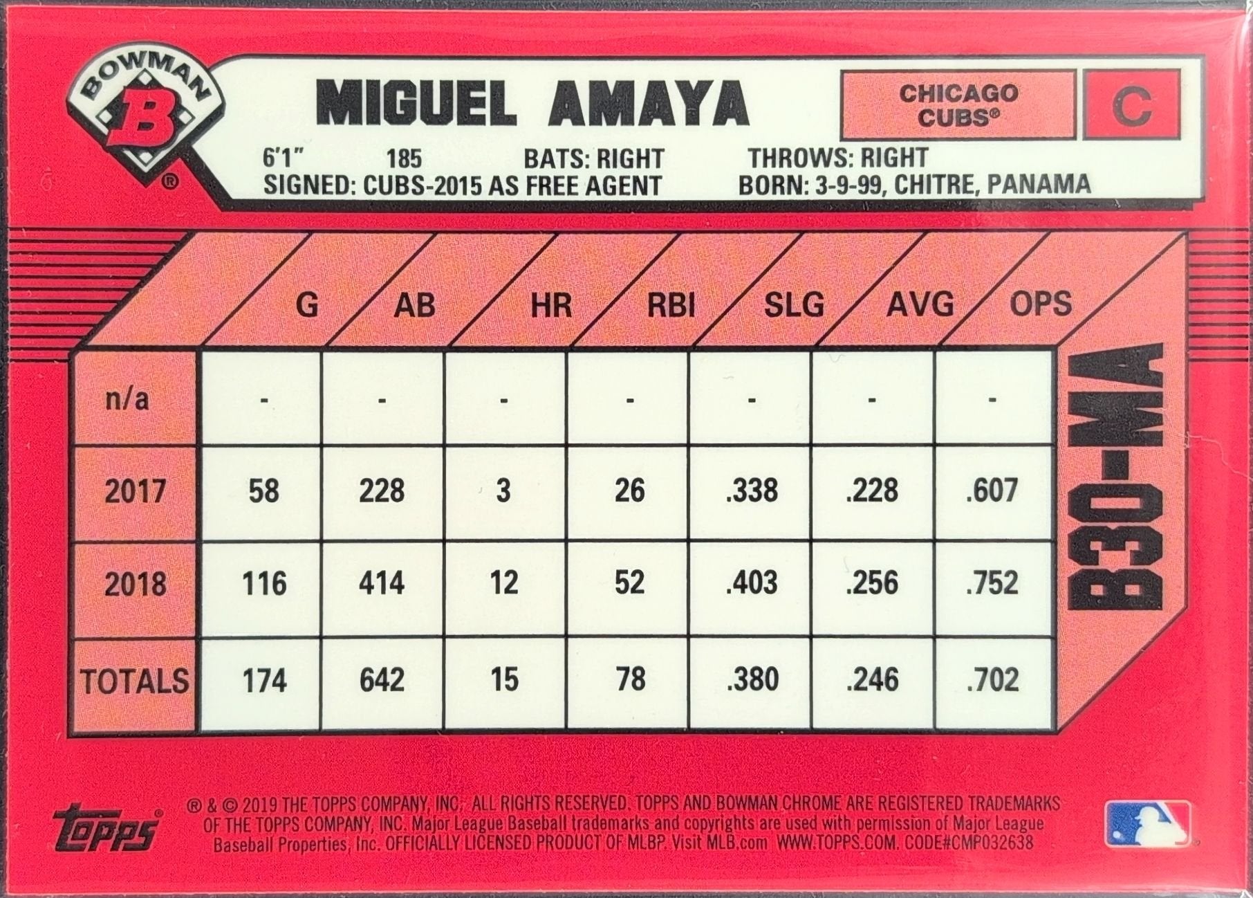 Miguel Amaya 2019 Bowman #B30-MA 30th Anniversary Bowman Chicago Cubs - back image