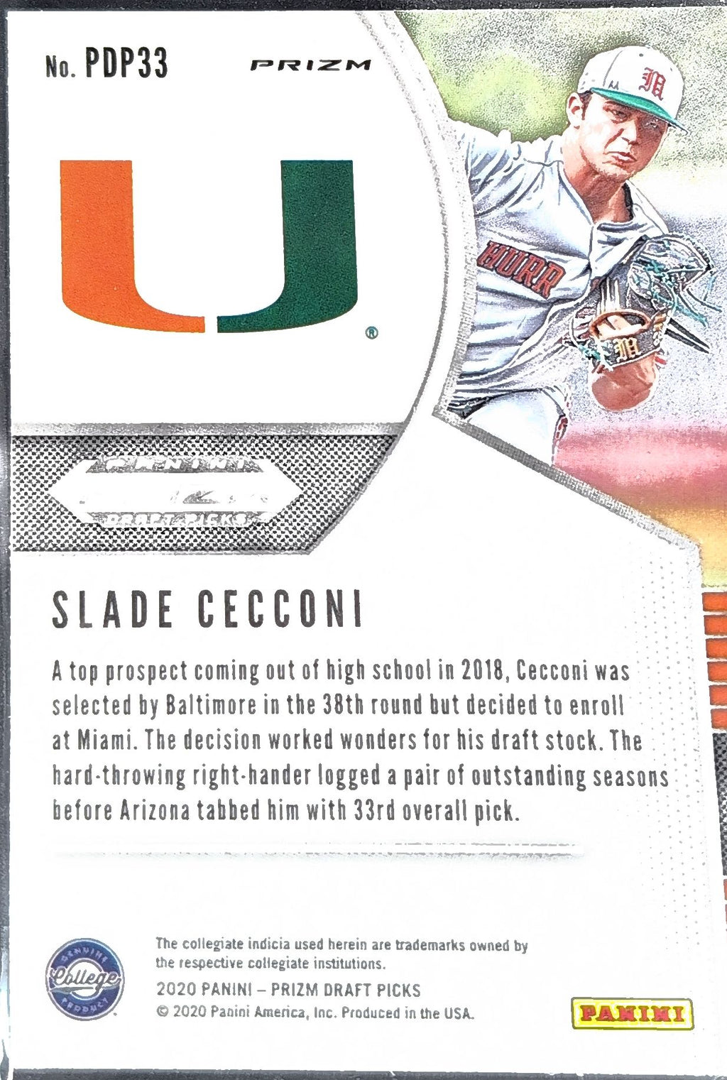 2020 Panini Prizm Draft Picks Slade Cecconi #PDP33 Hyper Green and Yellow Miami Hurricanes back