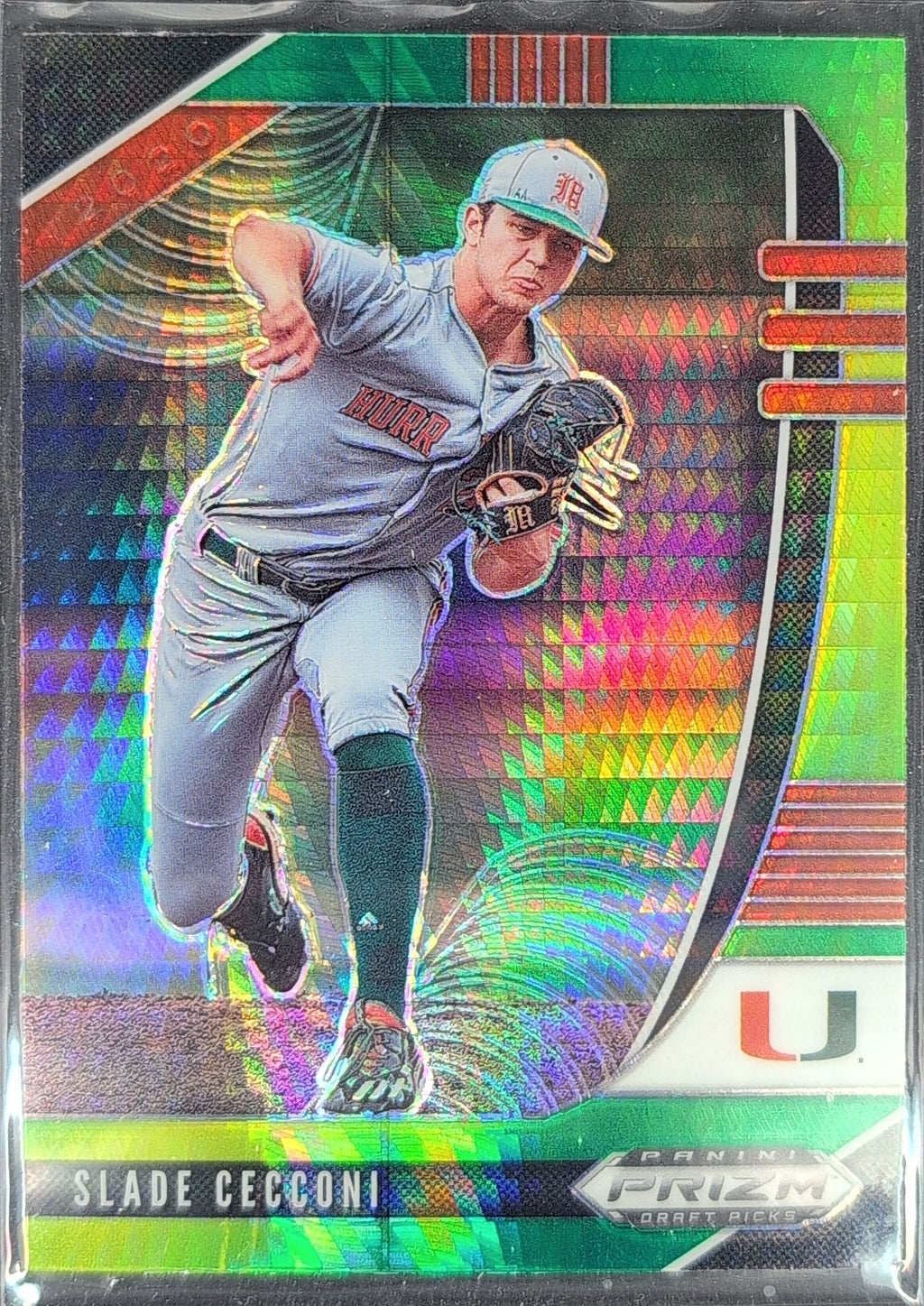 2020 Panini Prizm Draft Picks Slade Cecconi #PDP33 Hyper Green and Yellow Miami Hurricanes front