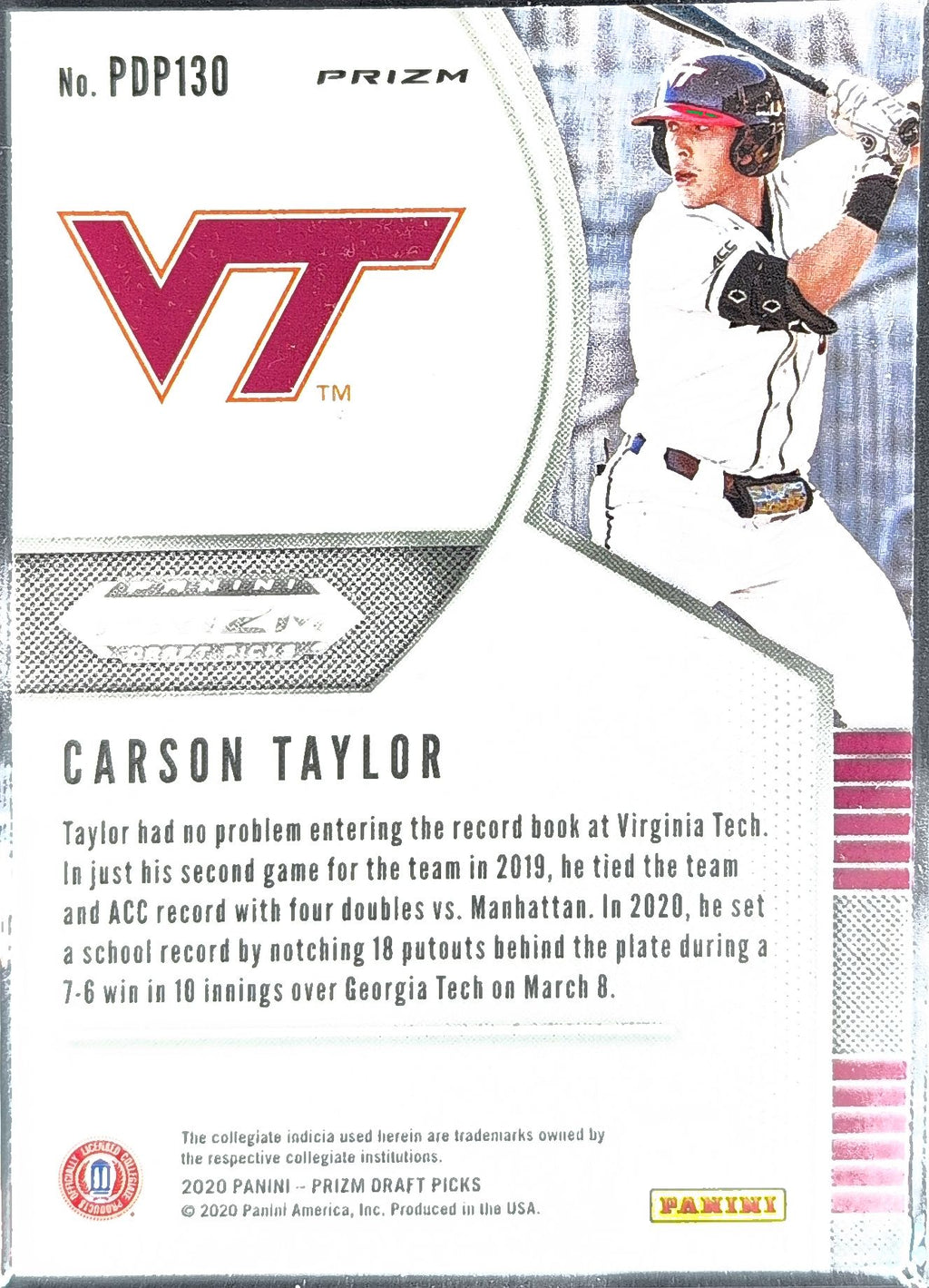 2020 Panini Prizm Draft Picks Carson Taylor #PDP130 Hyper Green and Yellow Virginia Tech Hokies back