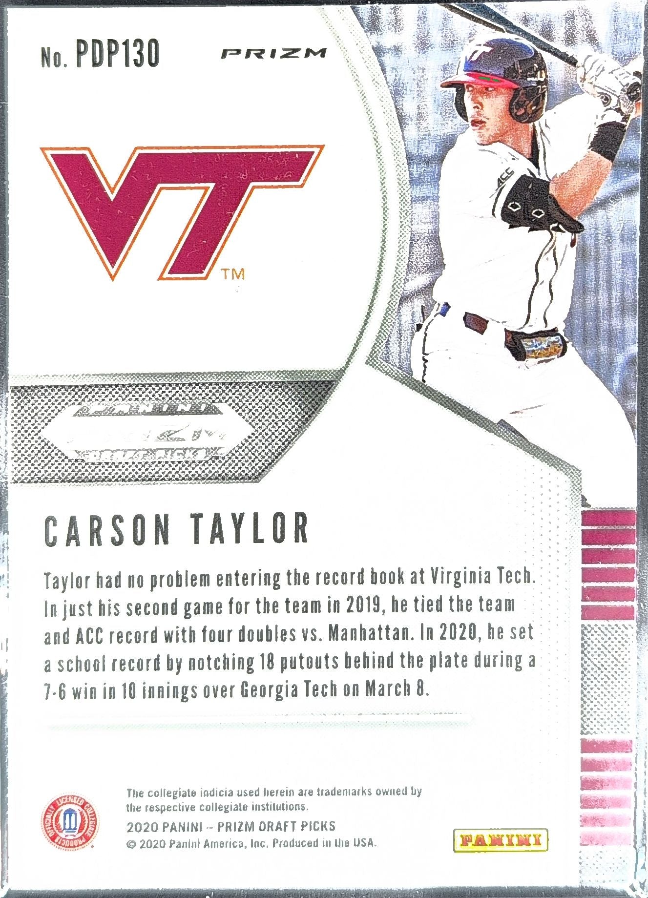 2020 Panini Prizm Draft Picks Carson Taylor #PDP130 Hyper Green and Yellow Virginia Tech Hokies back