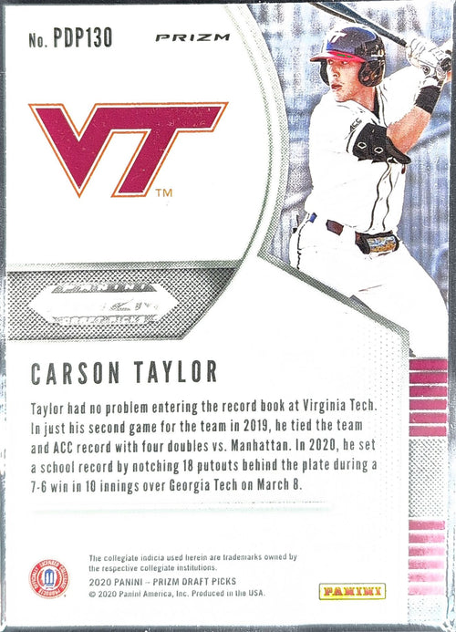 2020 Panini Prizm Draft Picks Carson Taylor #PDP130 Hyper Green and Yellow Virginia Tech Hokies back