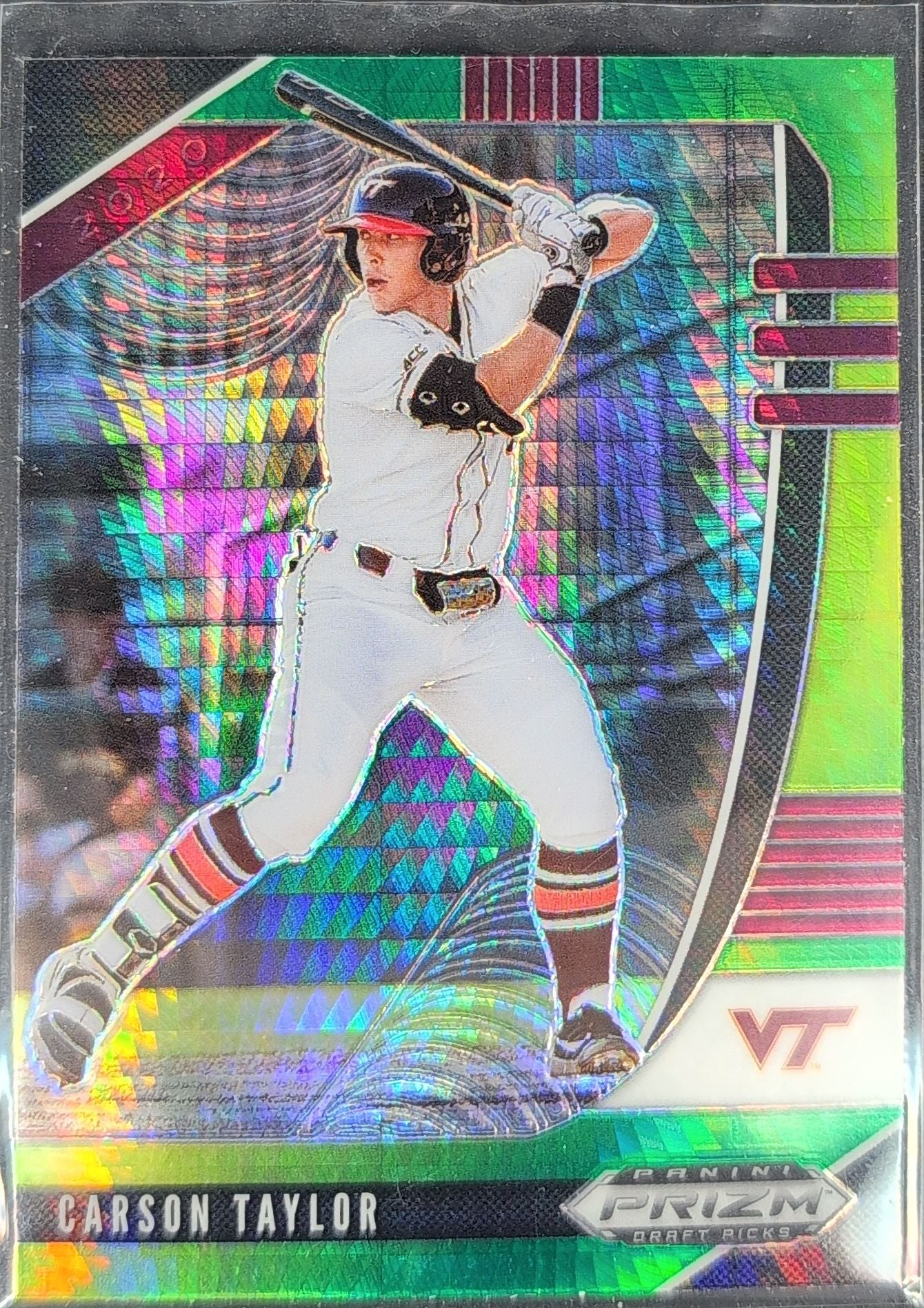 2020 Panini Prizm Draft Picks Carson Taylor #PDP130 Hyper Green and Yellow Virginia Tech Hokies front