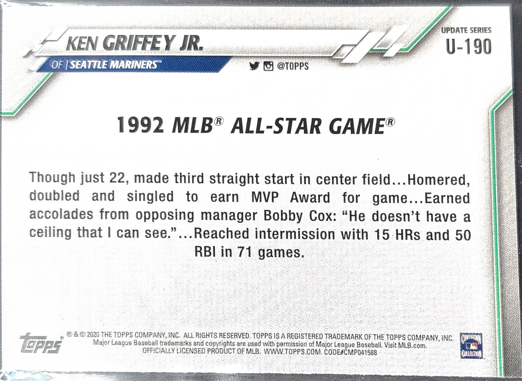 2020 Topps Update Ken Griffey Jr. #U-190 Seattle Mariners back