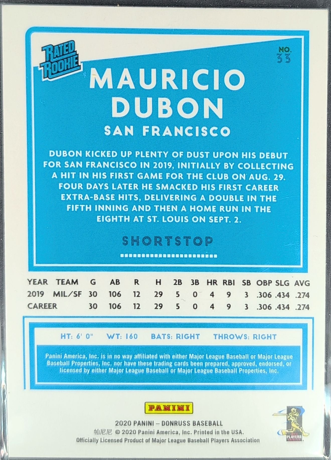 2020 Donruss Mauricio Dubon #33 Holo Orange RC San Francisco Giants back
