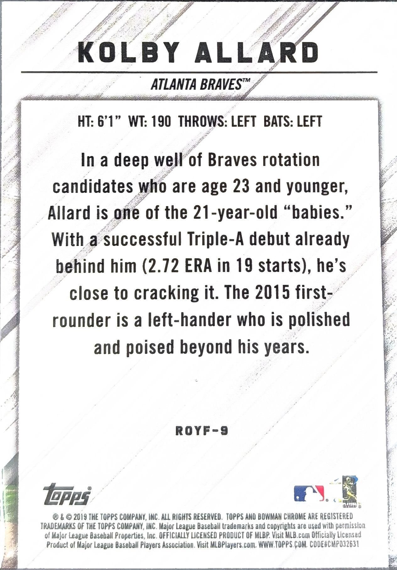 Kolby Allard 2019 Bowman #ROYF-9 Rookie of the Year Favorites Atlanta Braves - back image
