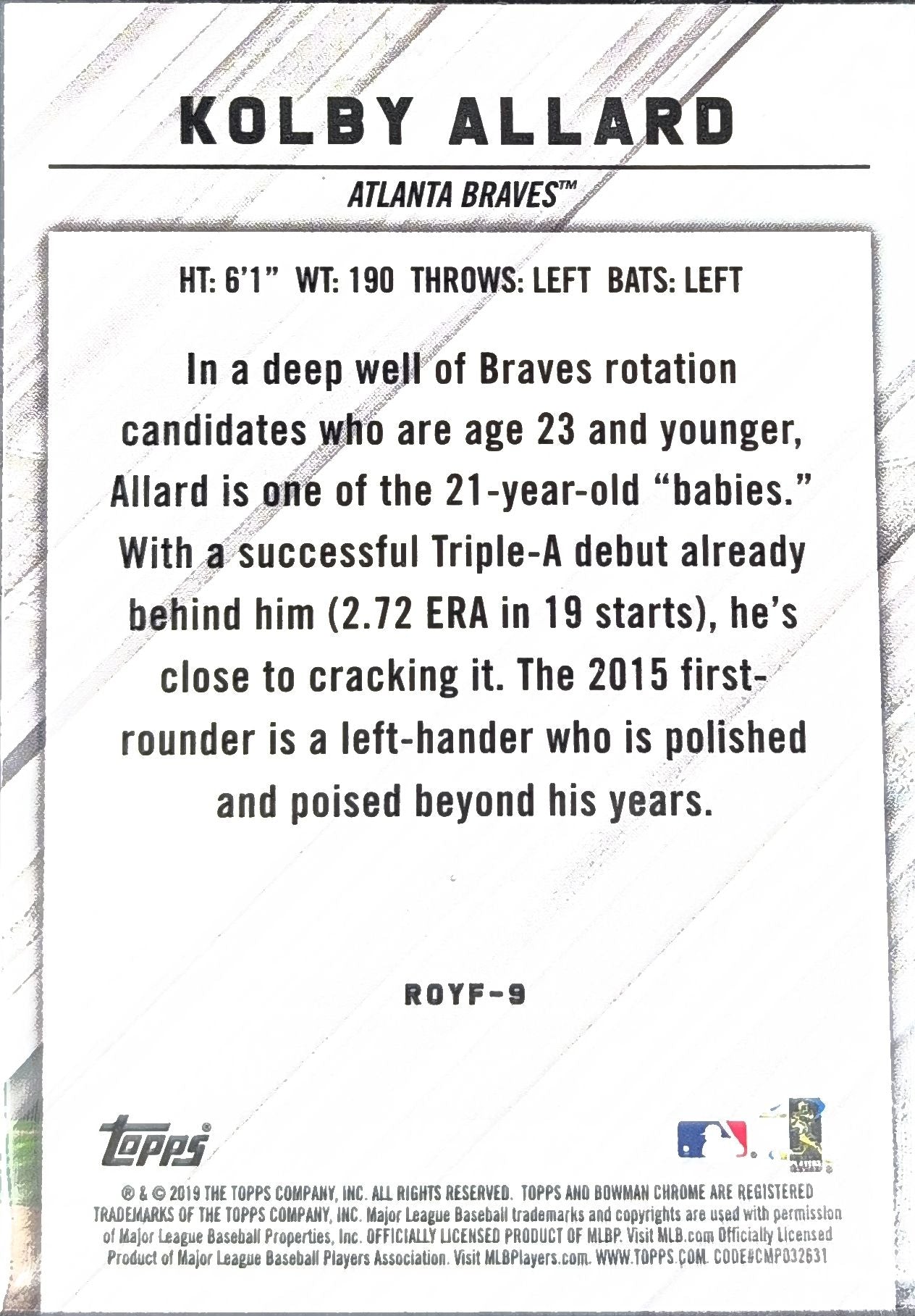 2019 Bowman Kolby Allard #ROYF-9 Rookie of the Year Favorites Atlanta Braves back