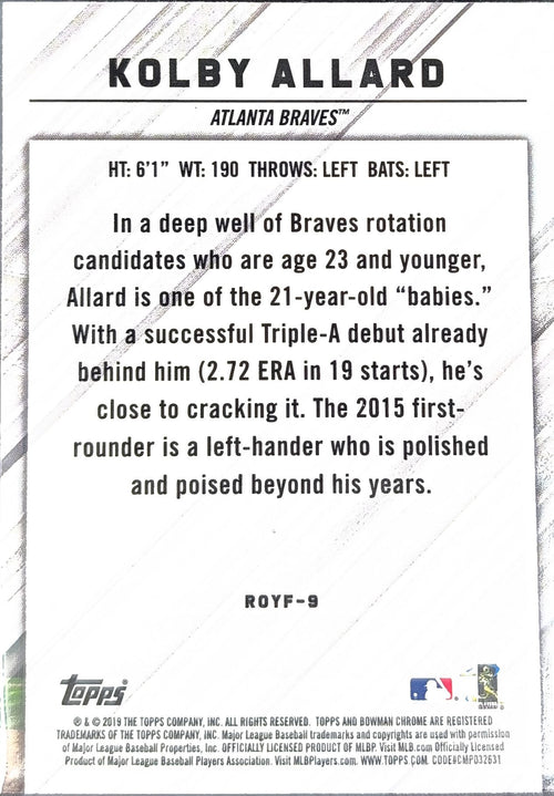 2019 Bowman Kolby Allard #ROYF-9 Rookie of the Year Favorites Atlanta Braves back