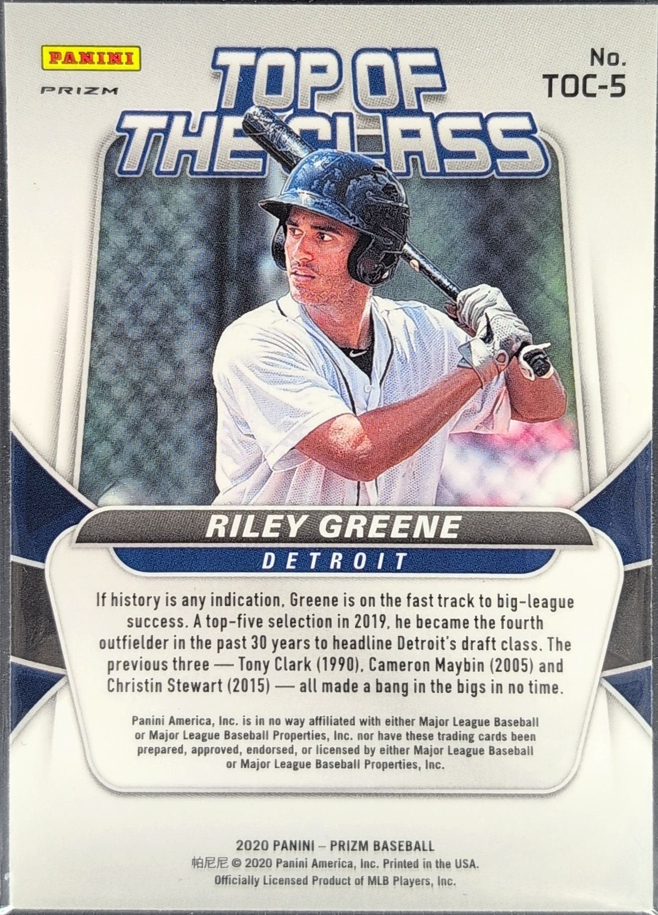 Riley Greene 2020 Panini Prizm #TOC-5 Top of The Class Silver Prizm Detroit Tigers - back image