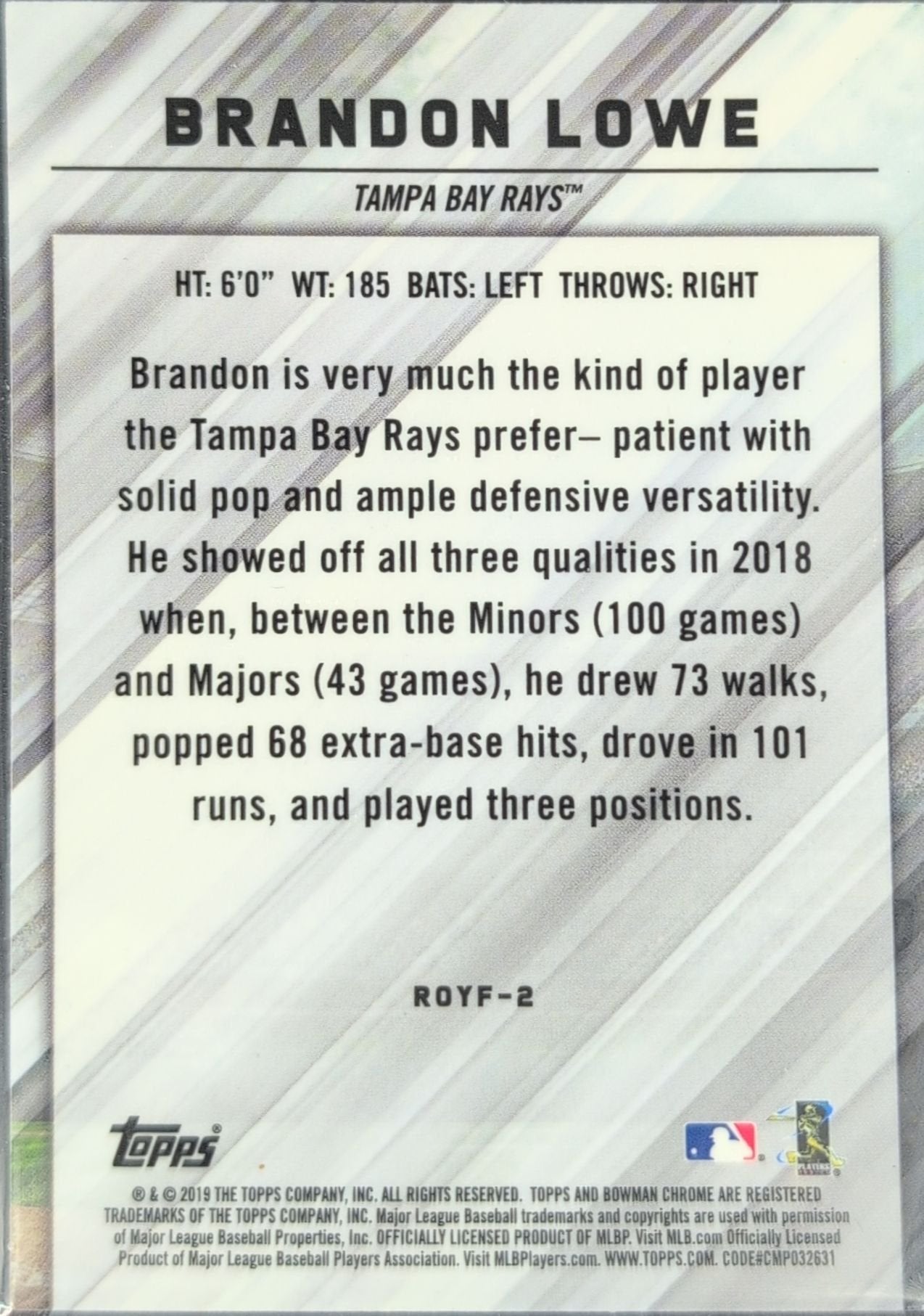 Brandon Lowe 2019 Bowman #ROYF-2 Rookie of the Year Favorites refractor Tampa Bay Rays - back image