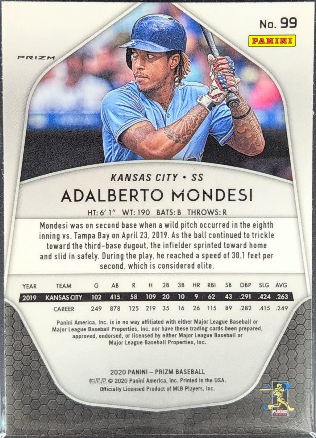 Adalberto Mondesi 2020 Panini Prizm #99 Silver Prizm Kansas City Royals - back image