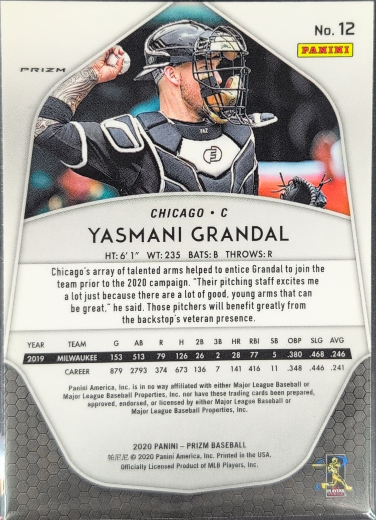 Yasmani Grandal 2020 Panini Prizm #12 Red White and Blue Prizm Chicago White Sox - back image