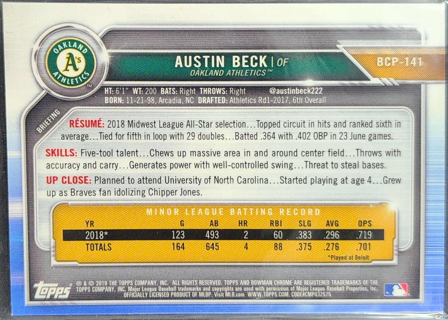 Austin Beck 2019 Bowman #BCP-141 Chrome Prospects Purple Refractor Oakland Athletics - back image