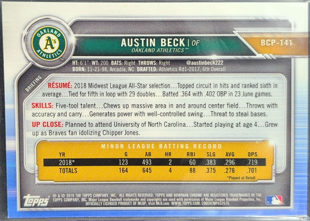 2019 Bowman Austin Beck #BCP-141 Chrome Prospects Purple Refractor SN Oakland Athletics back