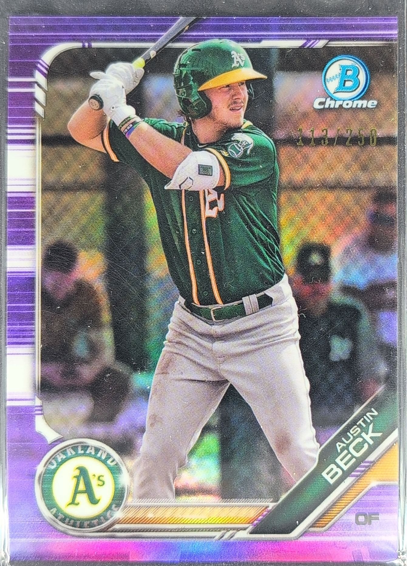 Austin Beck 2019 Bowman #BCP-141 Chrome Prospects Purple Refractor Oakland Athletics - front image