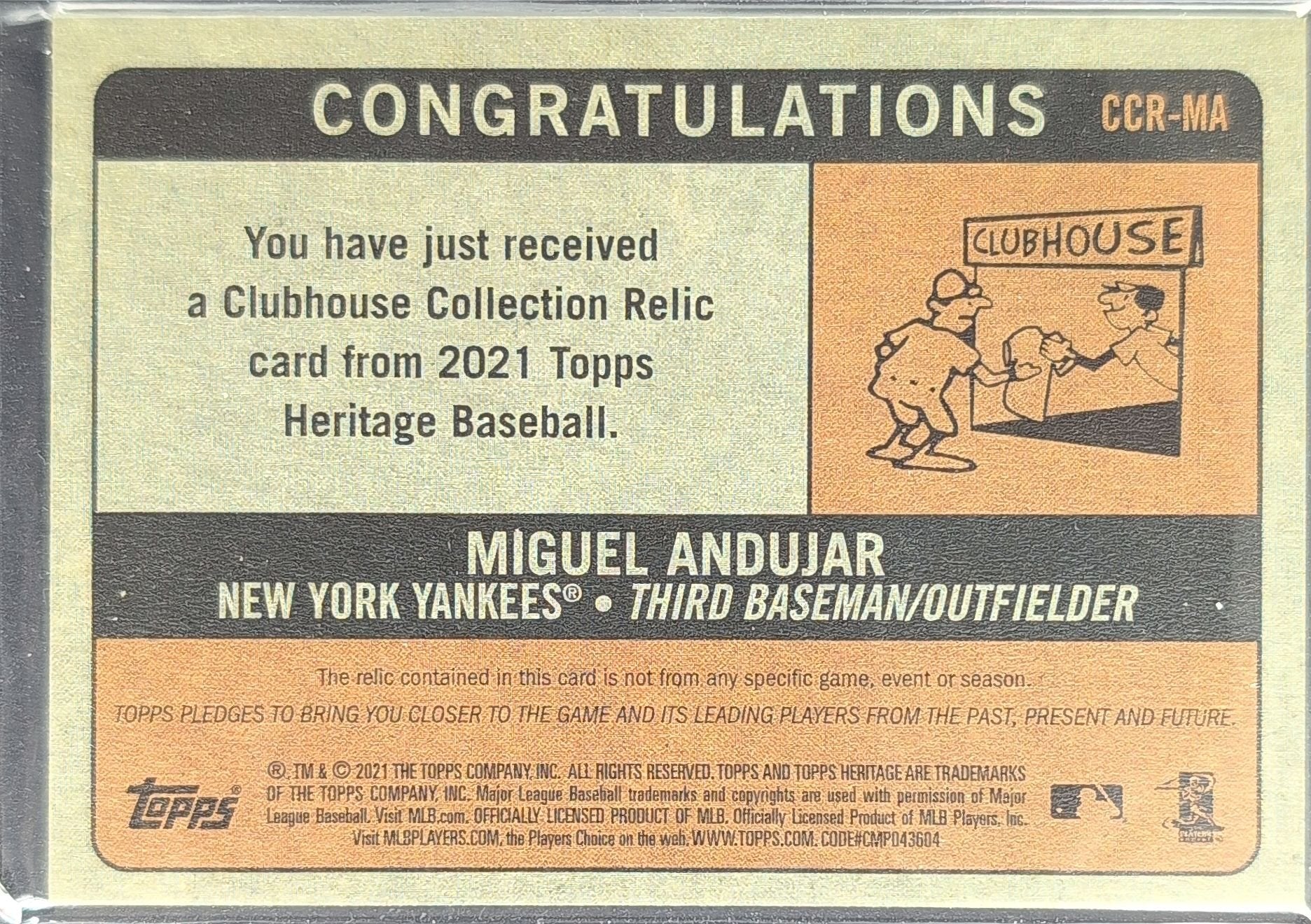 Miguel Andujar 2021 Topps Heritage #CCR-MA Clubhouse Collection Relics New York Yankees - back image