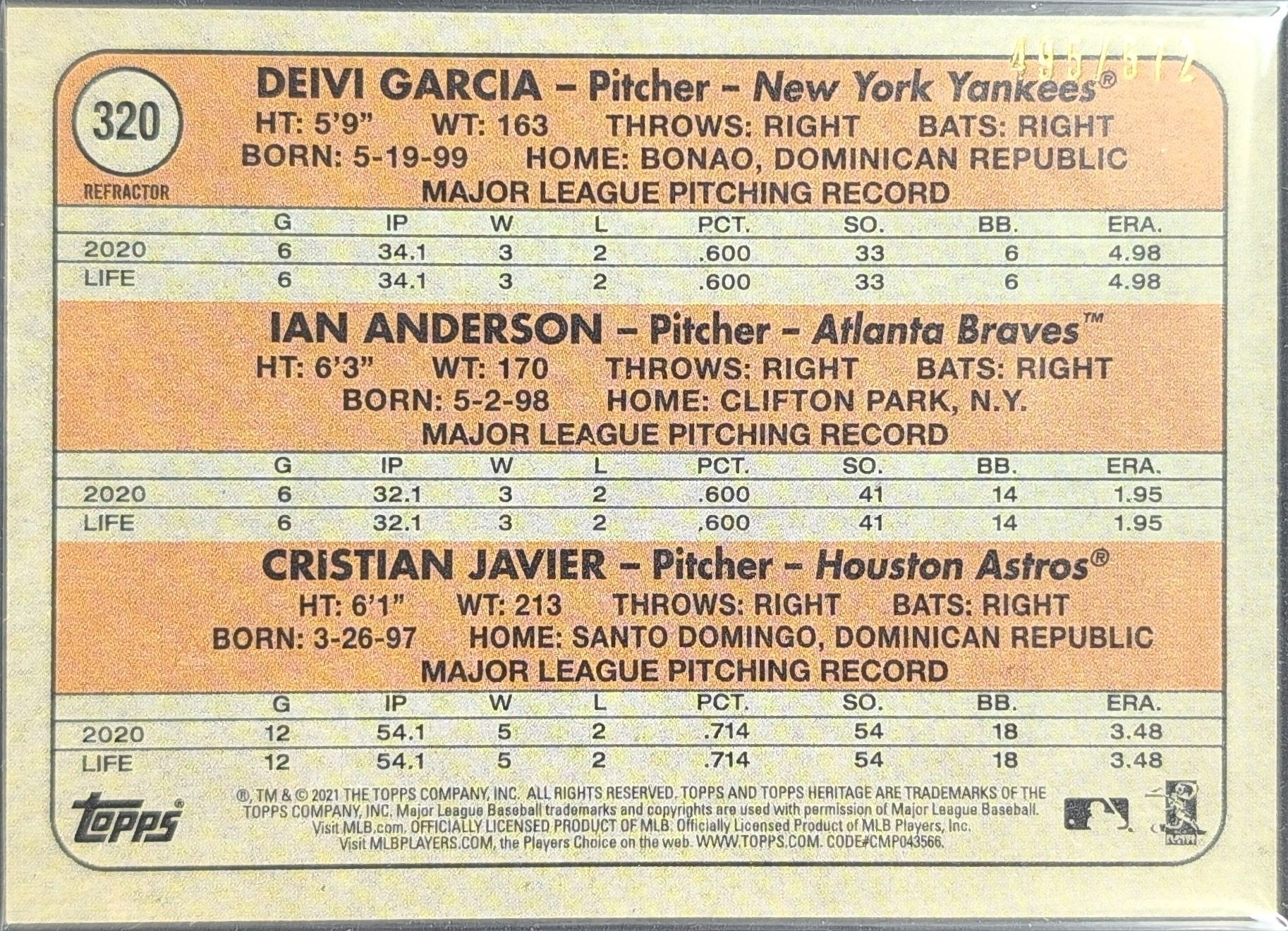 Ian Anderson / Deivi Garcia / Cristian Javier SN572 2021 Topps Heritage #320 Chrome Refractor - back image
