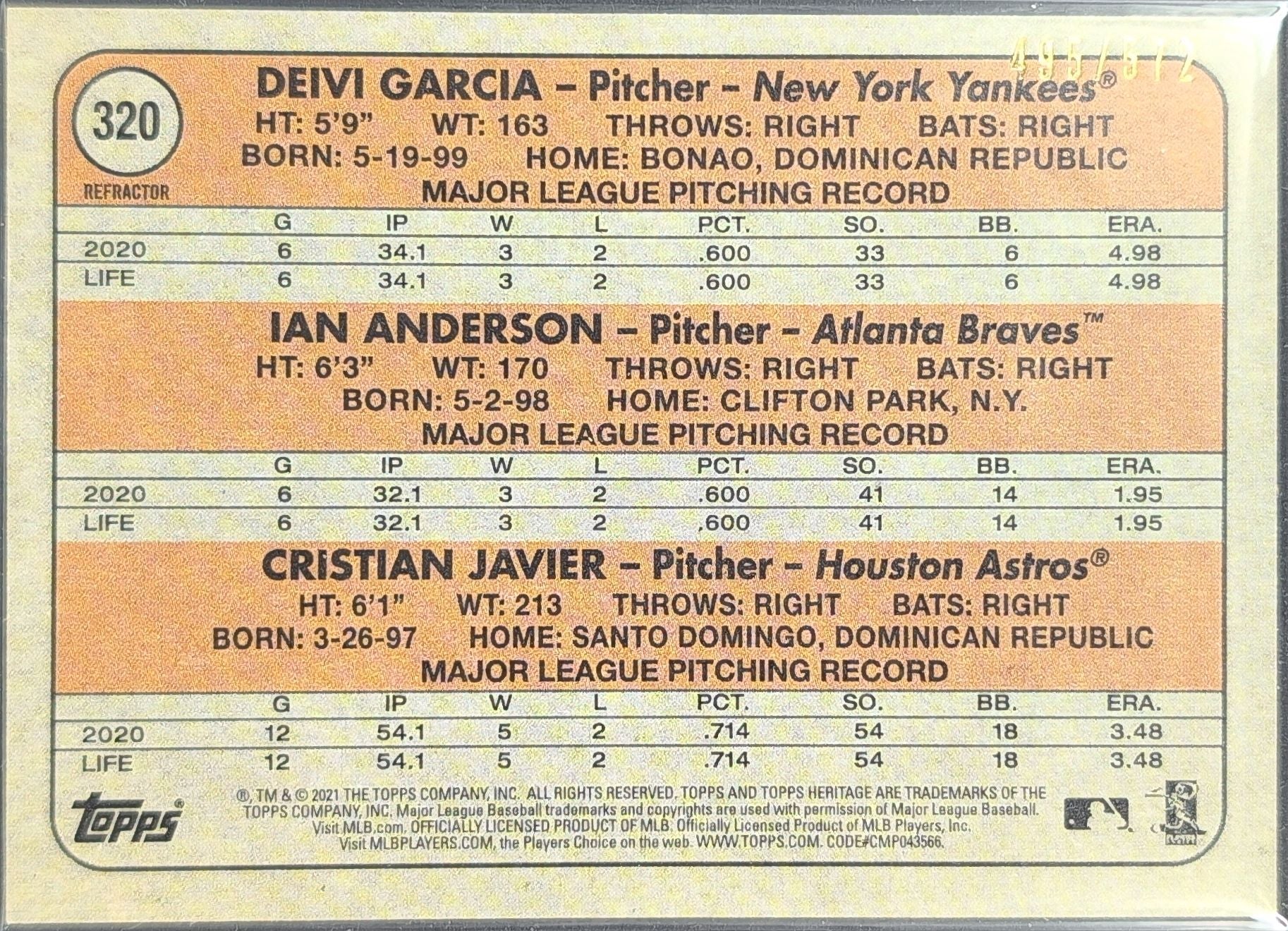 Anderson/Garcia/Javier 2021 Topps Heritage #320 Refractor #/572