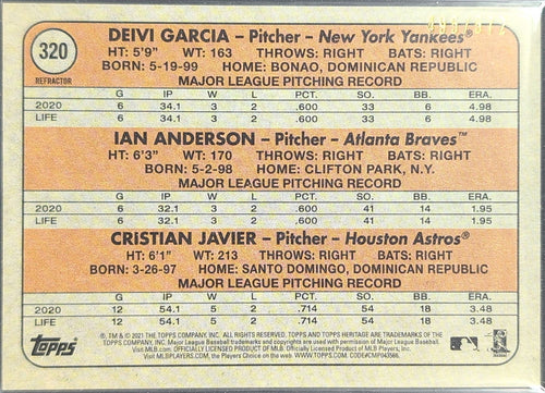 2021 Topps Heritage Ian Anderson / Deivi Garcia / Cristian Javier SN572 #320 Chrome Refractor New York Yankees, Atlanta Braves, Houston Astros back