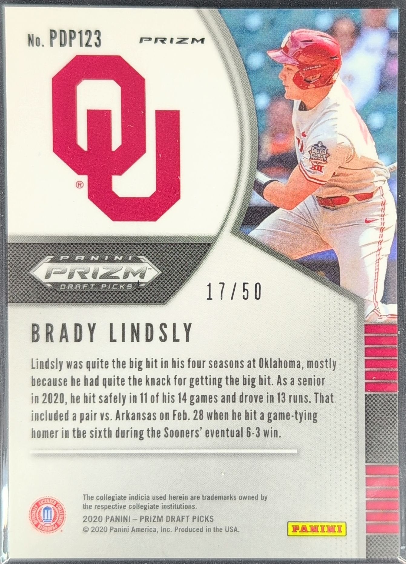 Brady Lindsly 2020 Panini Prizm Draft Picks #PDP123 White Donut Circles Oklahoma Sooners - back image