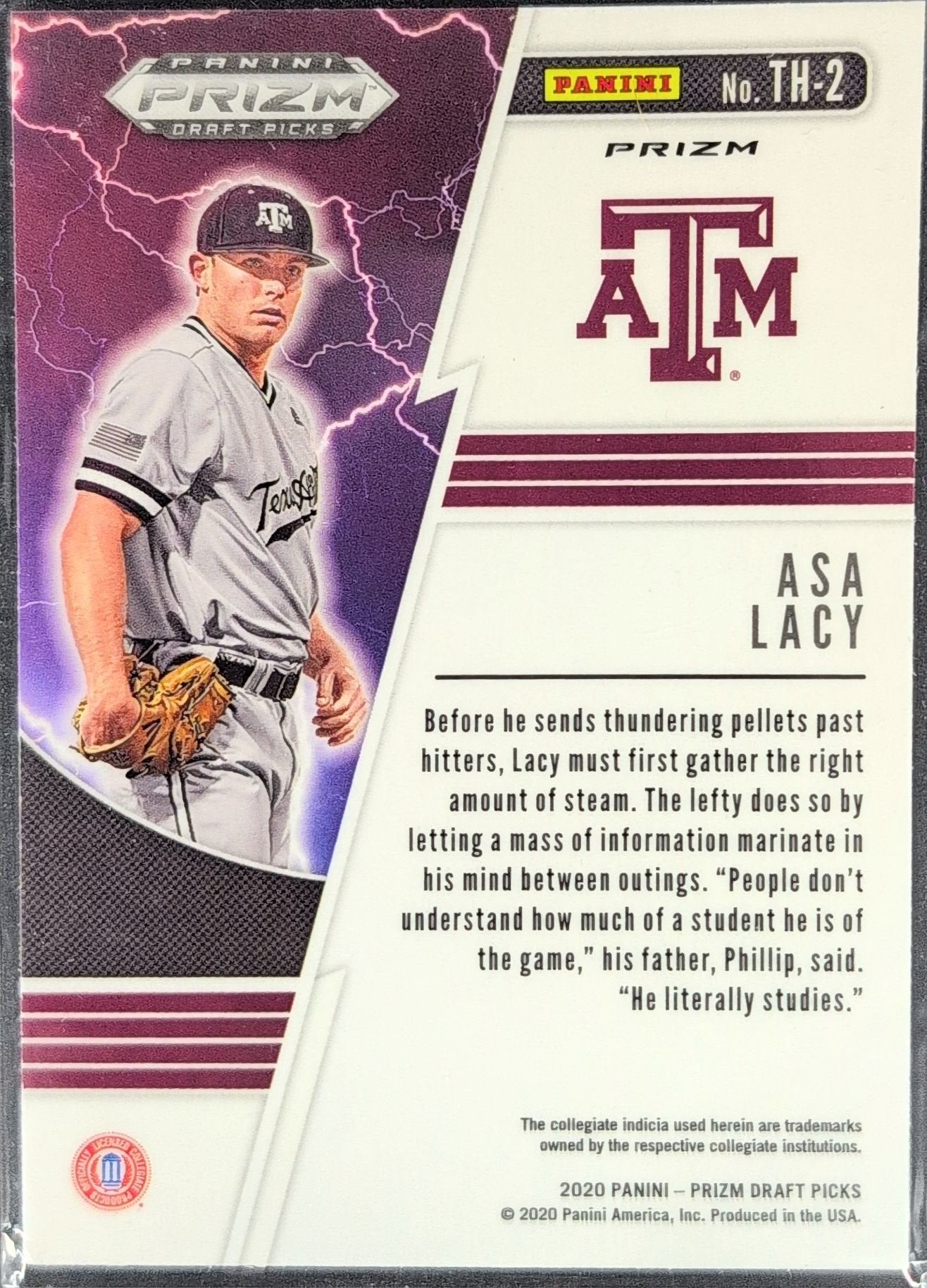 Asa Lacy 2020 Panini Prizm Draft Picks #TH-2 Thunderstruck Hyper Green and Yellow Texas A&M Aggies - back image