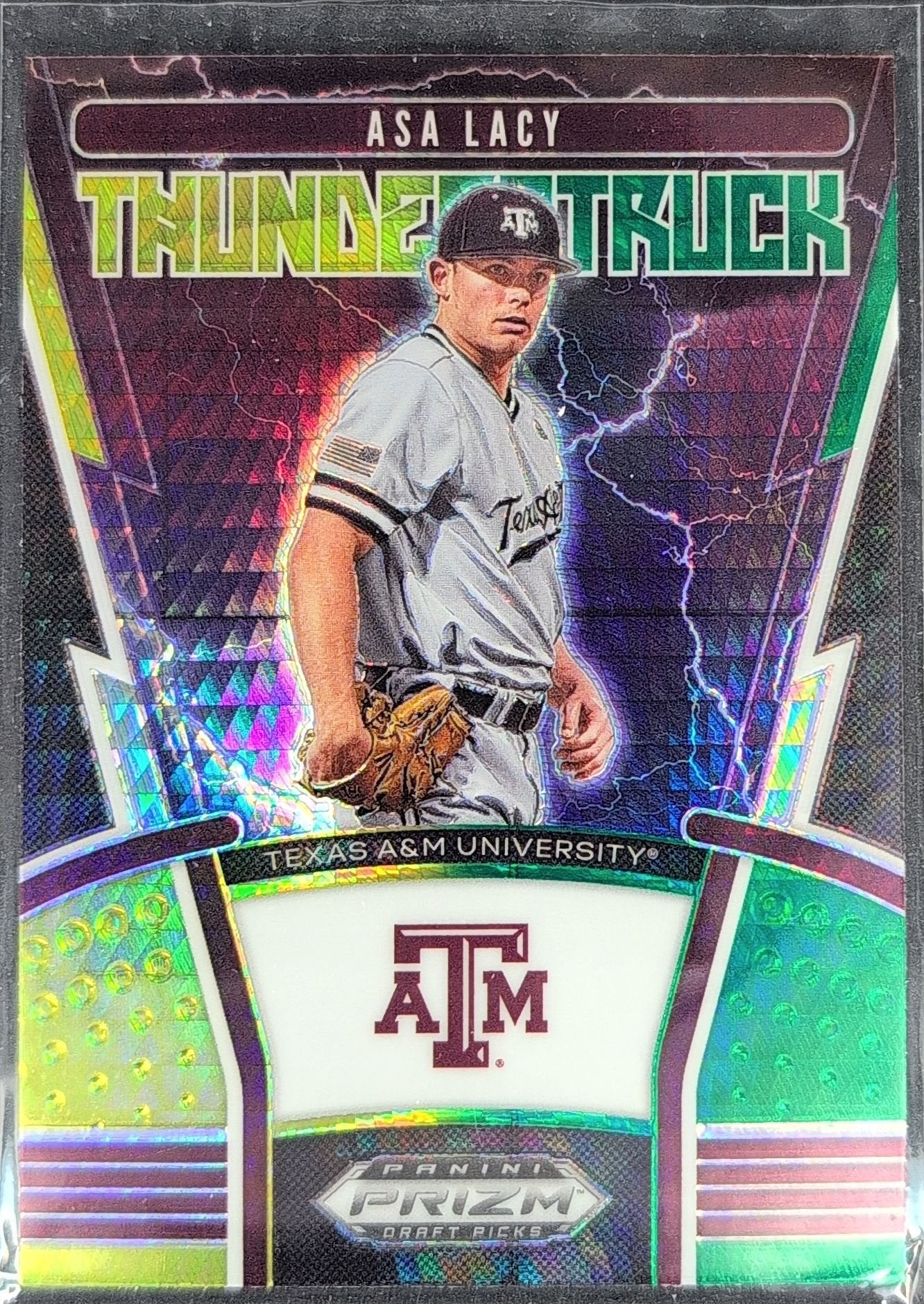 Asa Lacy 2020 Panini Prizm Draft Picks #TH-2 Thunderstruck Hyper Green and Yellow Texas A&M Aggies - front image