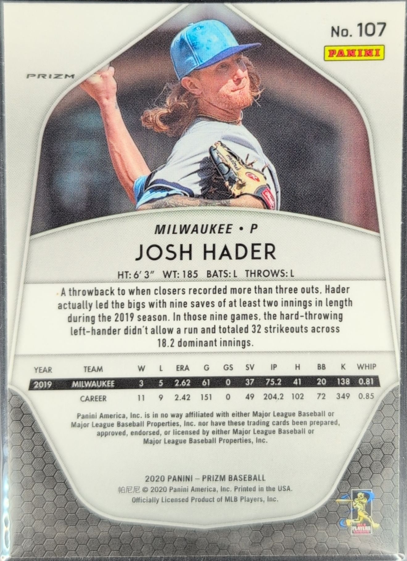 Josh Hader 2020 Panini Prizm #107 Silver Prizm Milwaukee Brewers - back image